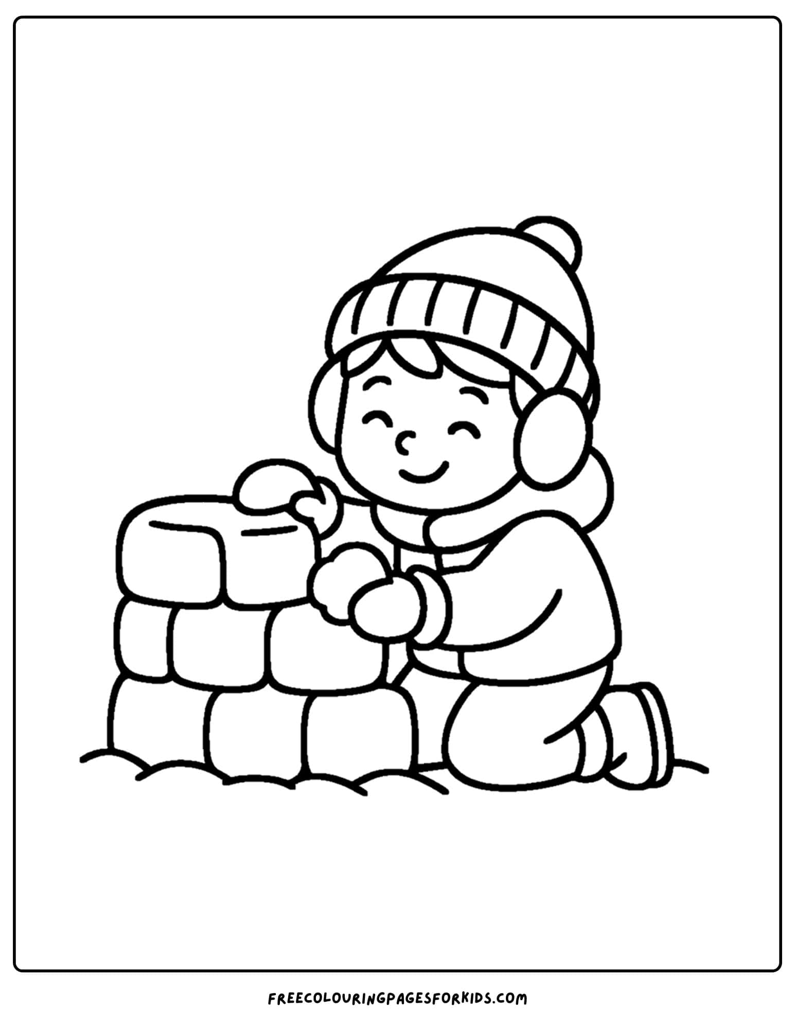a winter outfit coloring page of a child making a snow fort in winter clothes