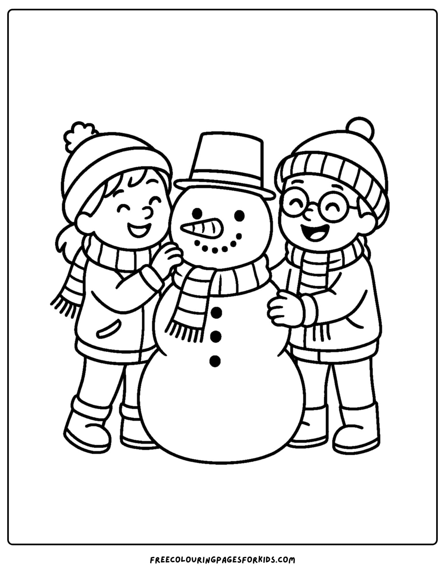a winter outfit coloring page of children making a snowman