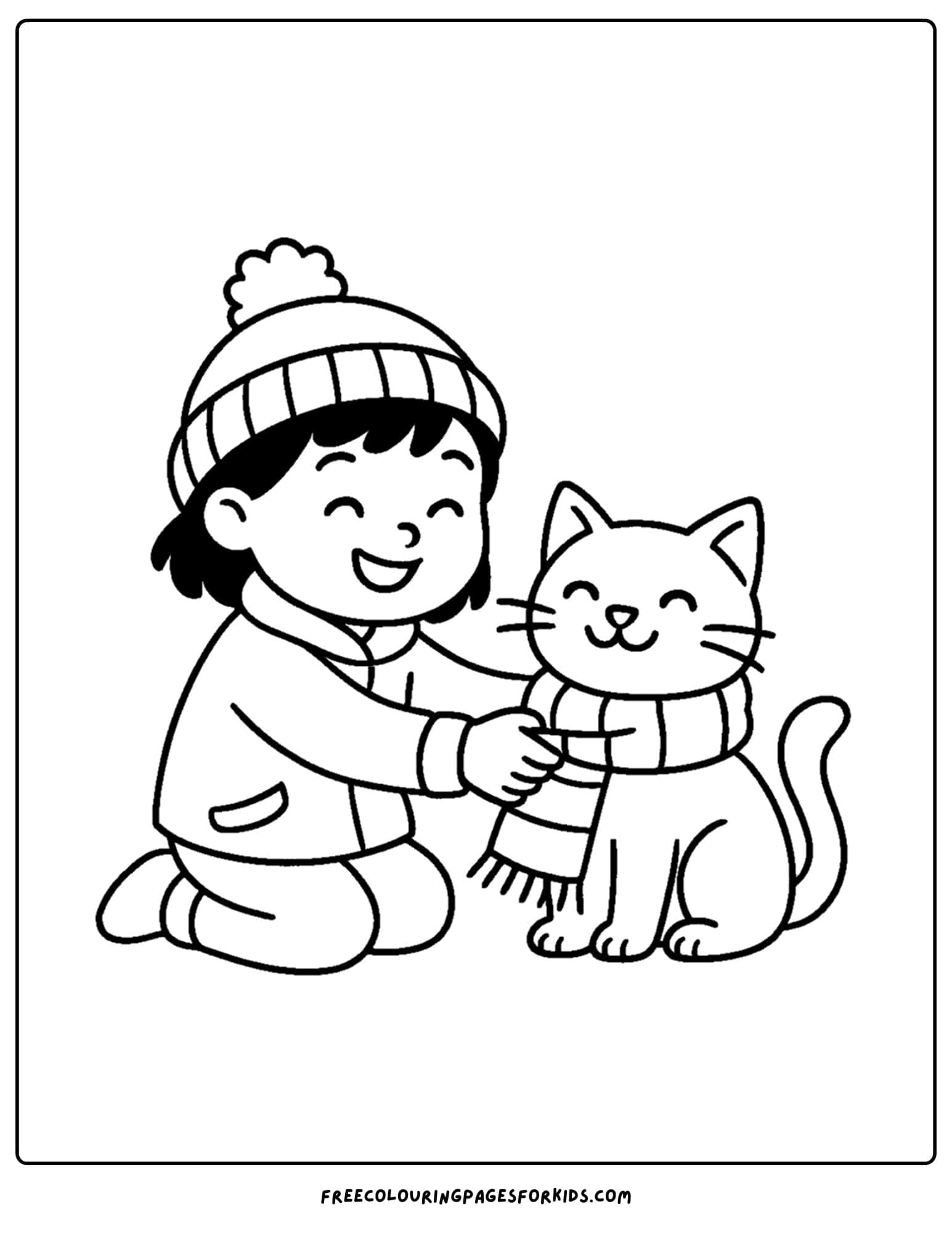 a winter outfit coloring page of a child dressing a cat in winter clothes
