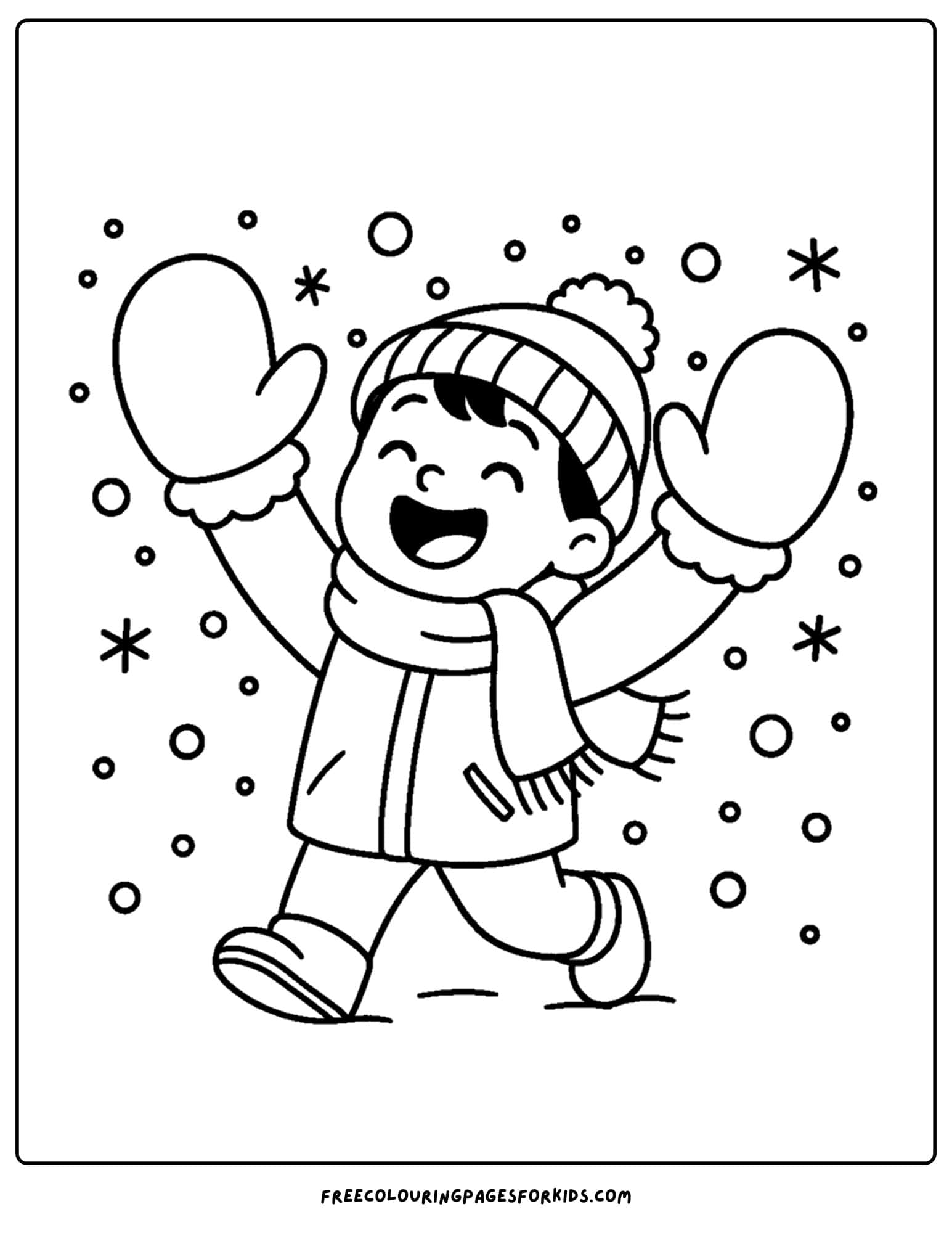 a winter outfit coloring page of a boy with big mittens