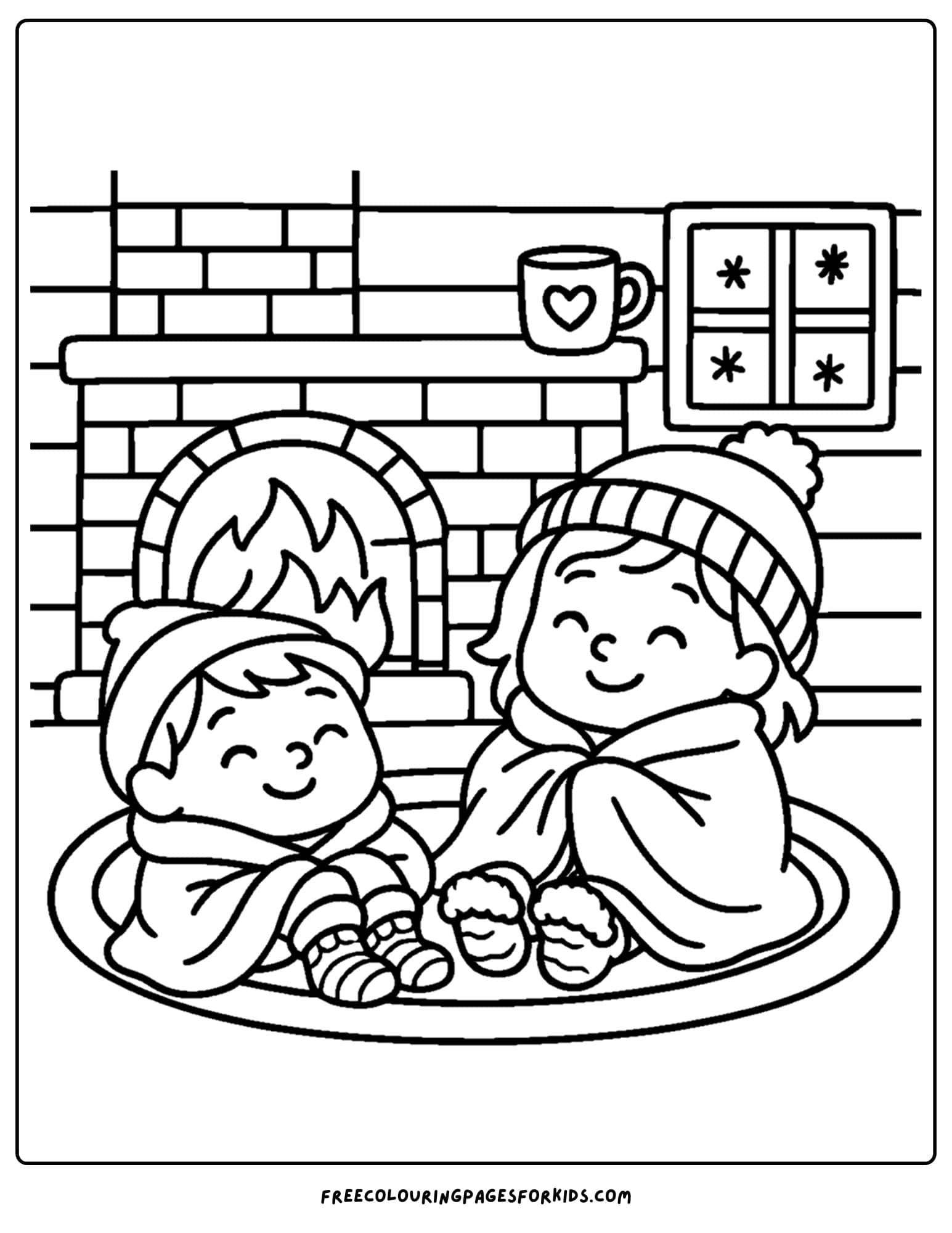 a winter outfit coloring page of kids keeping warm under blankets