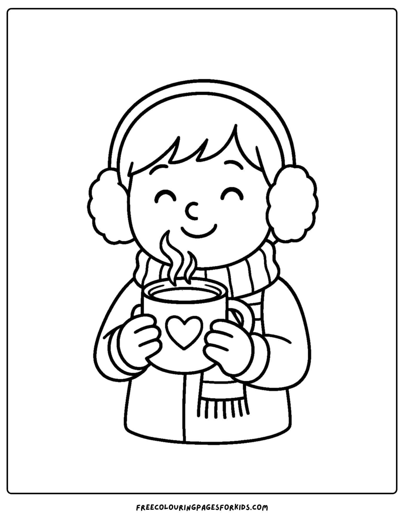 a winter outfit coloring page a kid with earmuffs and a hot cocoa
