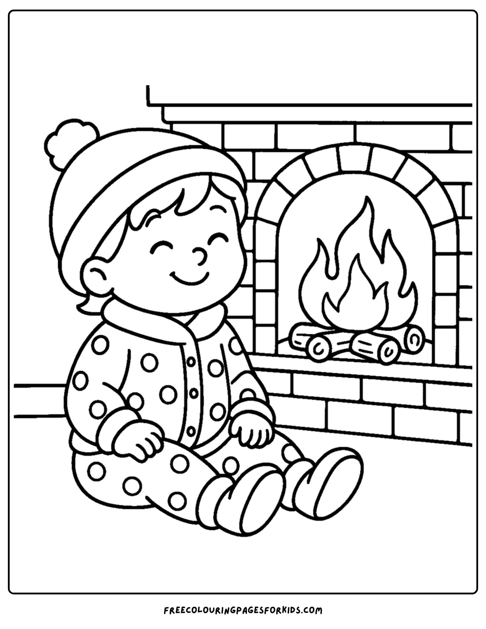 a winter outfit coloring page of a child in winter pajamas sitting by the fire