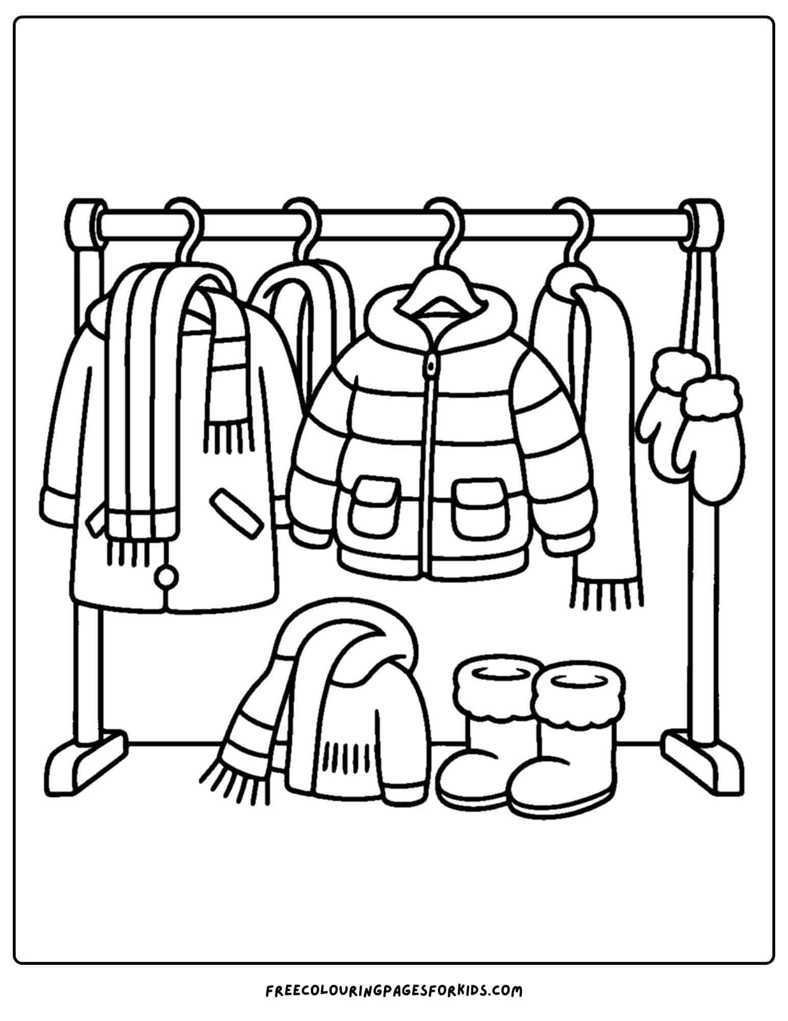 a winter outfit coloring page of winter clothes hanging up