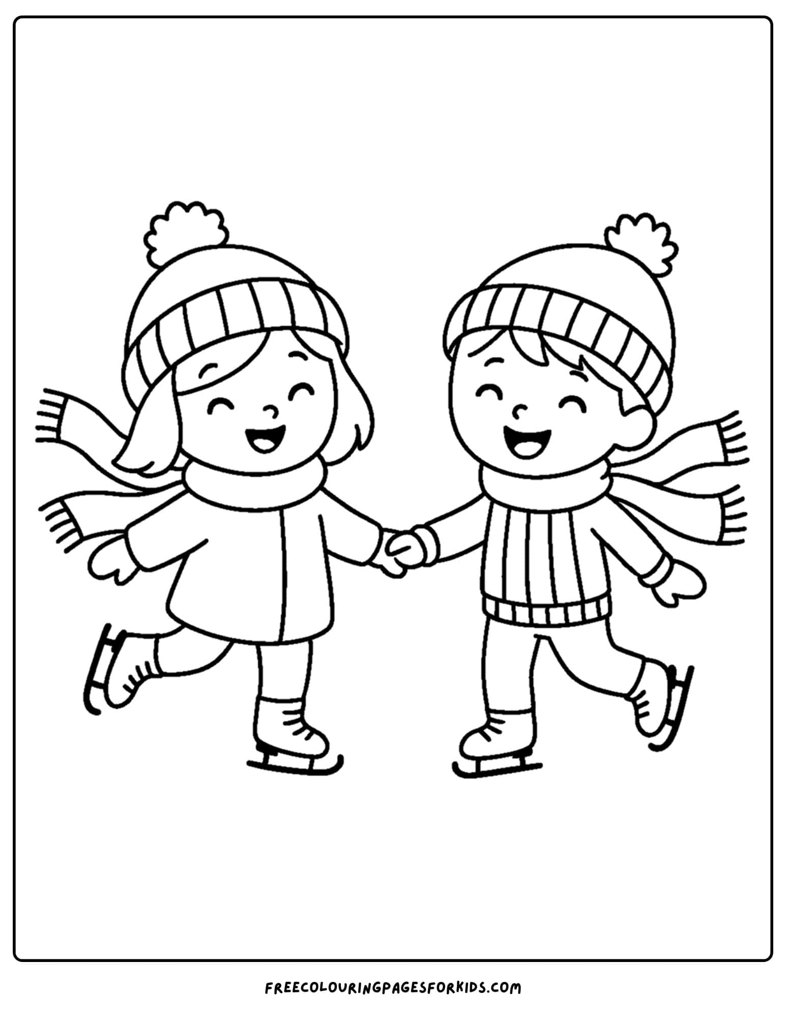 a winter outfit coloring page of kids sking