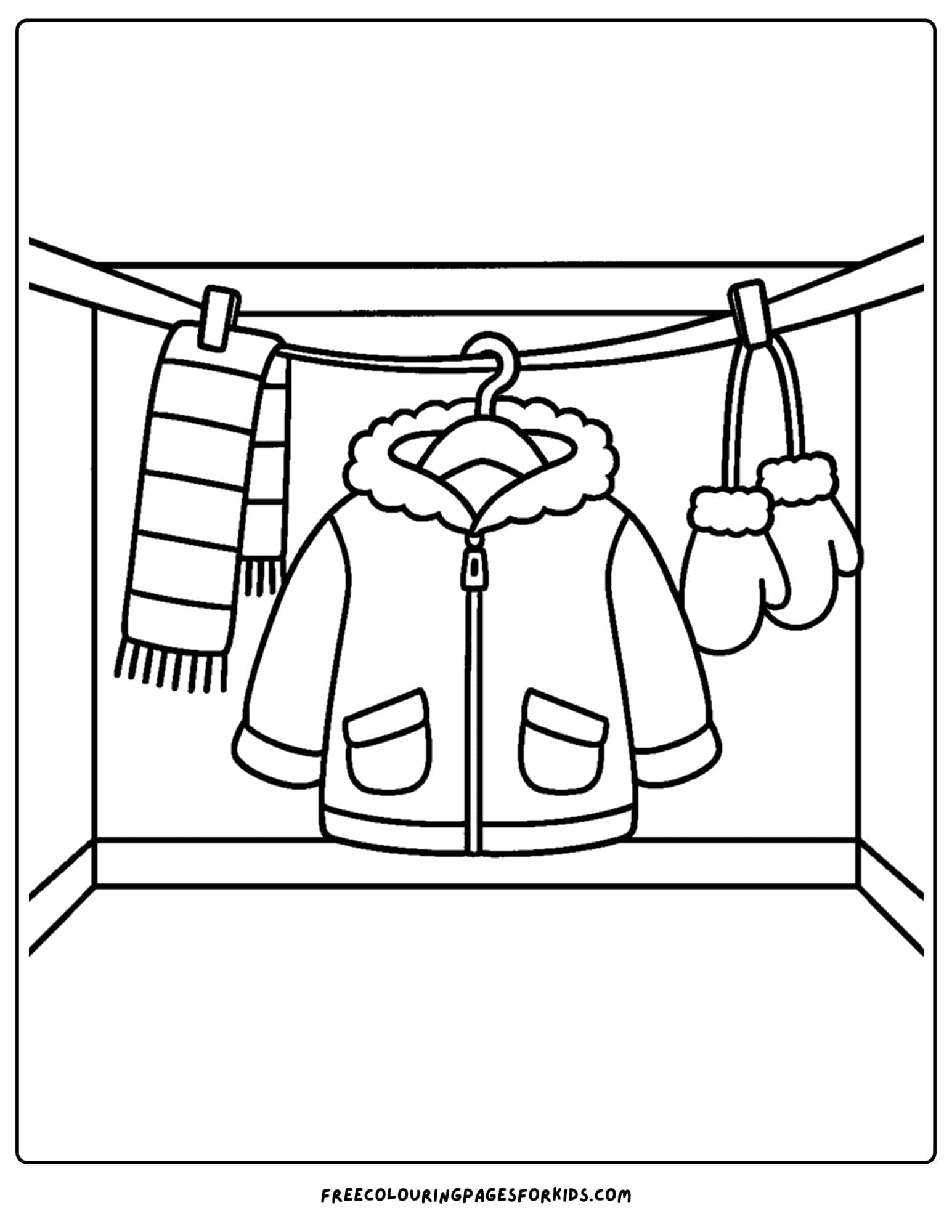 a winter outfit coloring page of winter clothes drying on a clothesline