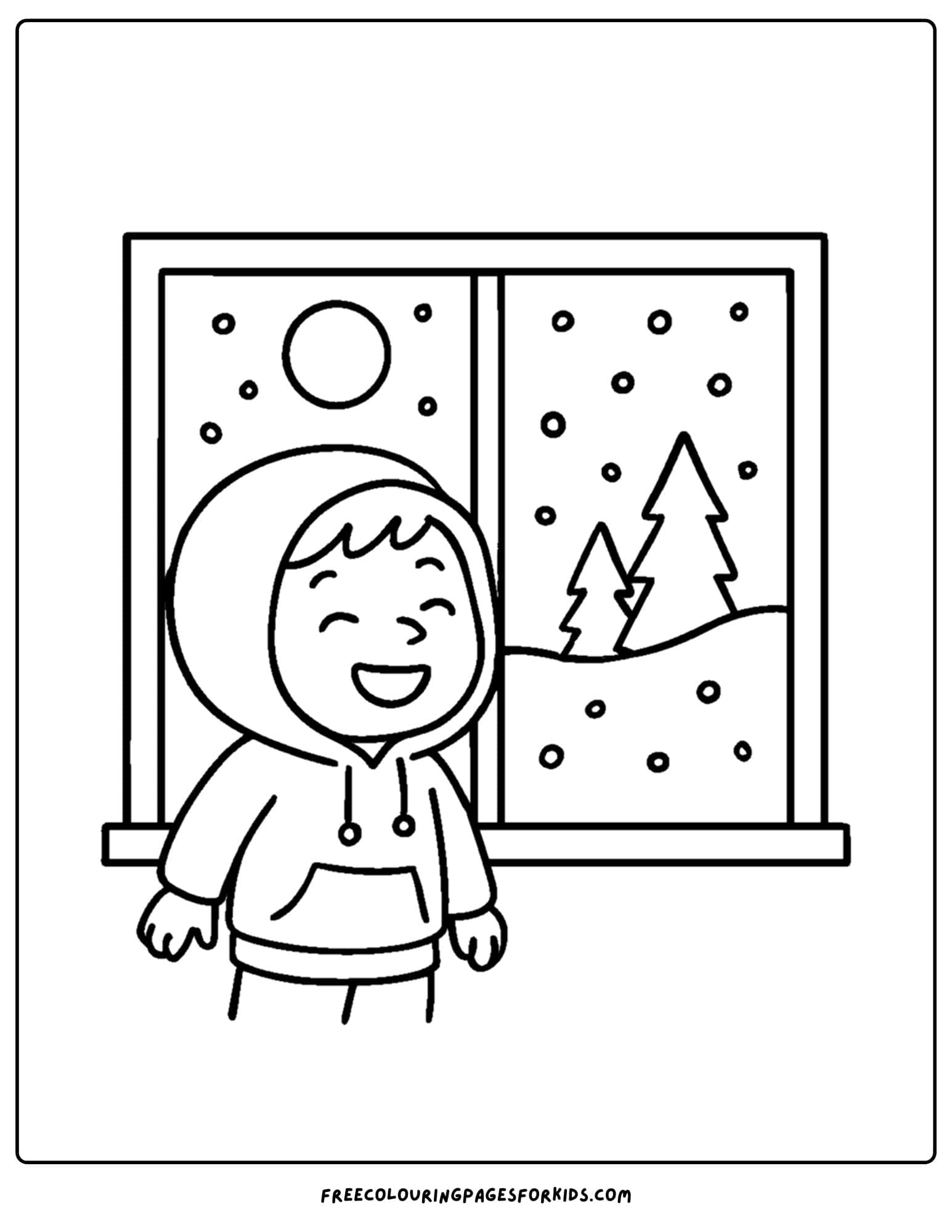 a winter outfit coloring page of a kid looking out a snowy window