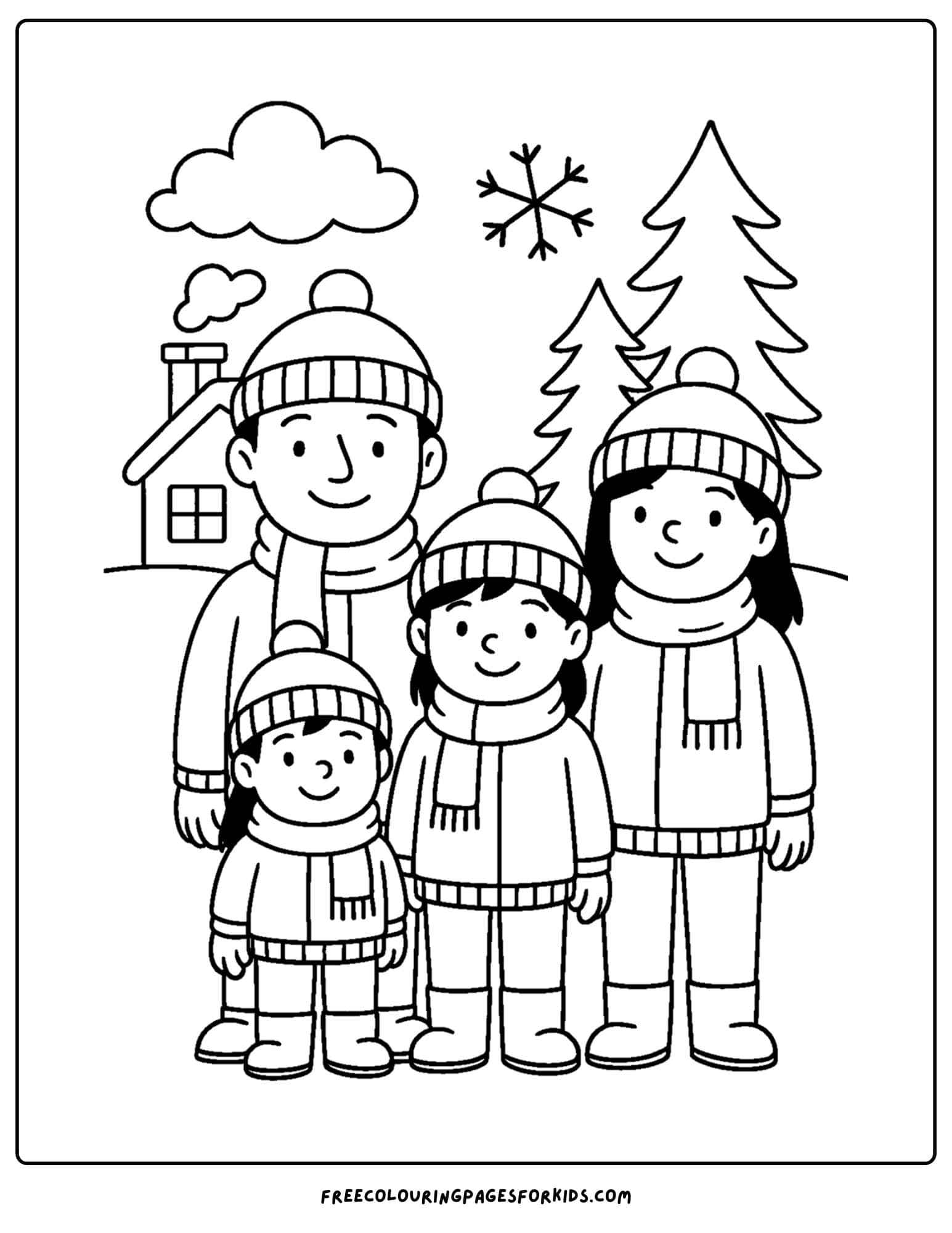 a winter outfit coloring page of a family dressed up in snow clothes for a family photo