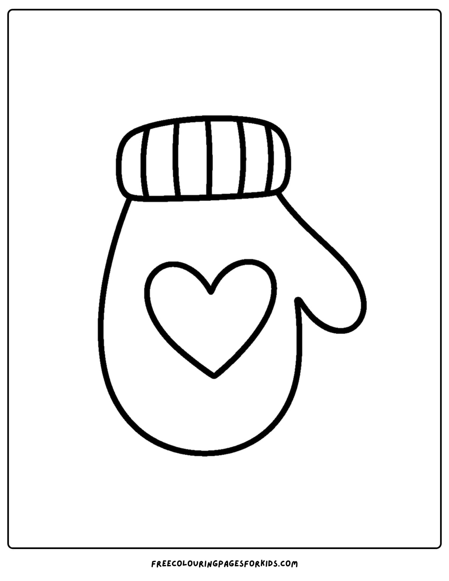 a winter outfit coloring page of a mitten with a heart design