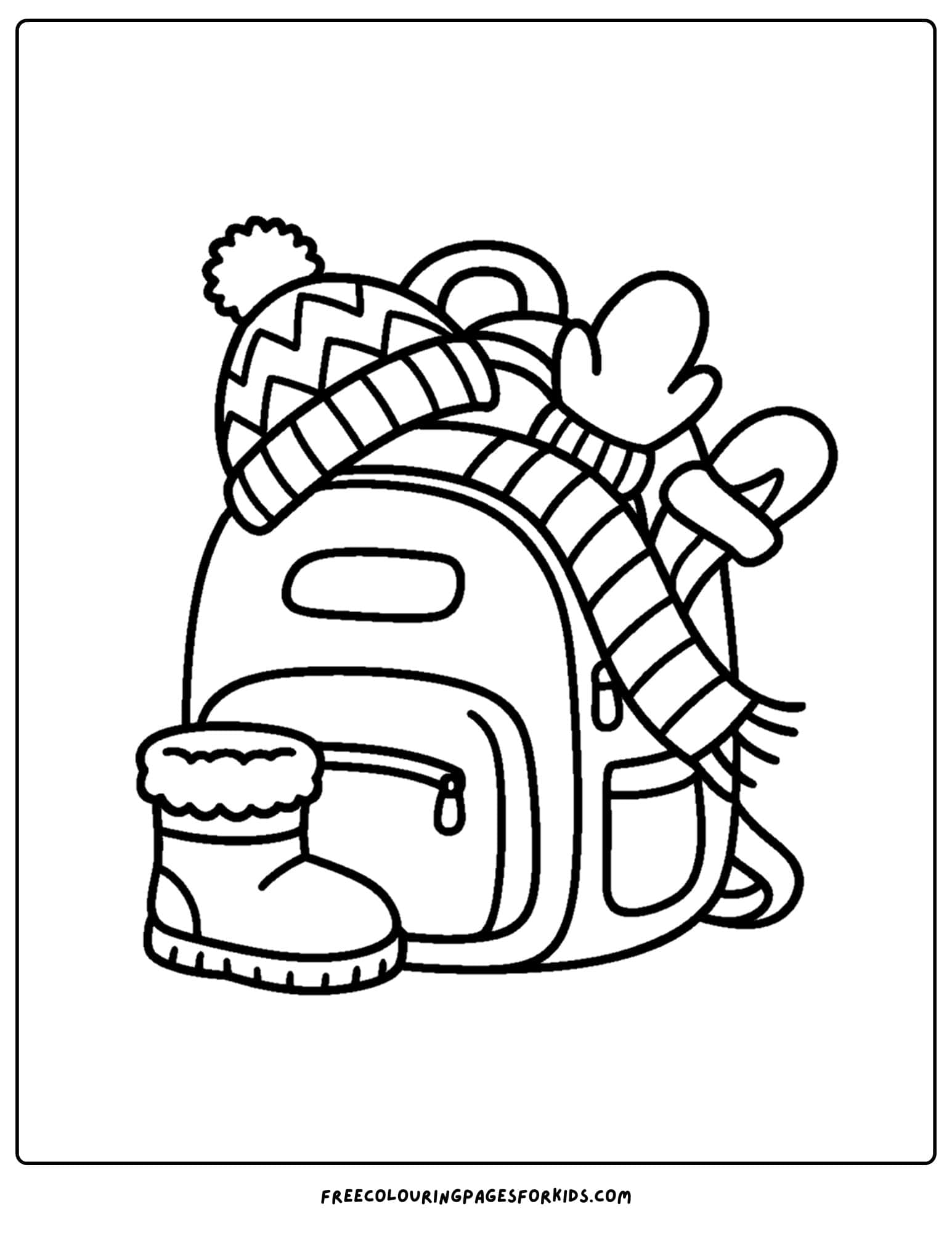 a winter outfit coloring page of a backpack of winter clothes
