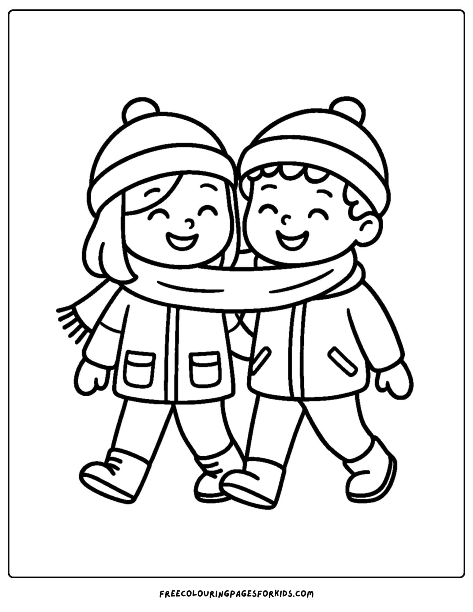 a winter outfit coloring page of two kids sharing a scarf