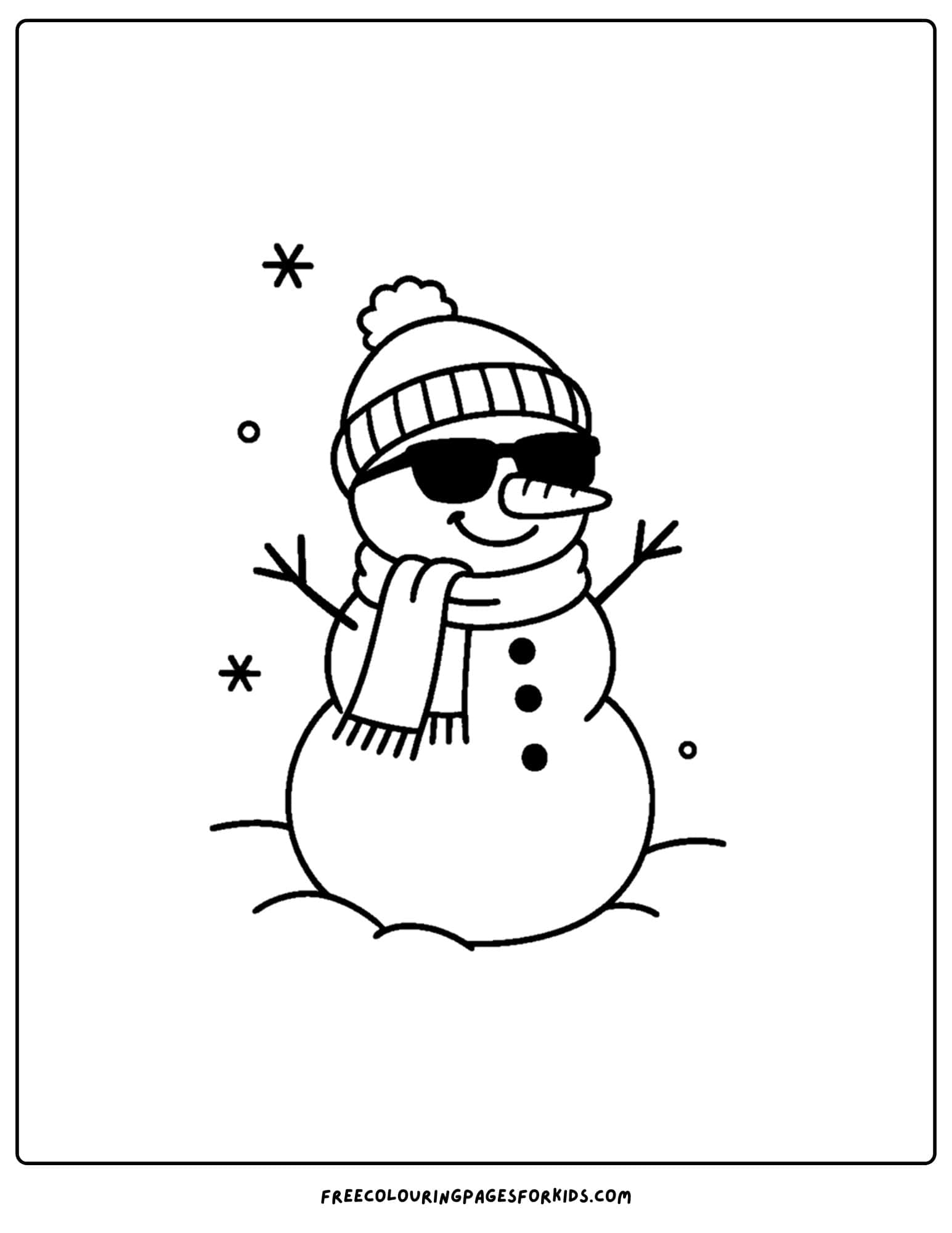 a winter outfit coloring page of a snowman wearing sunglasses a hat and scarf