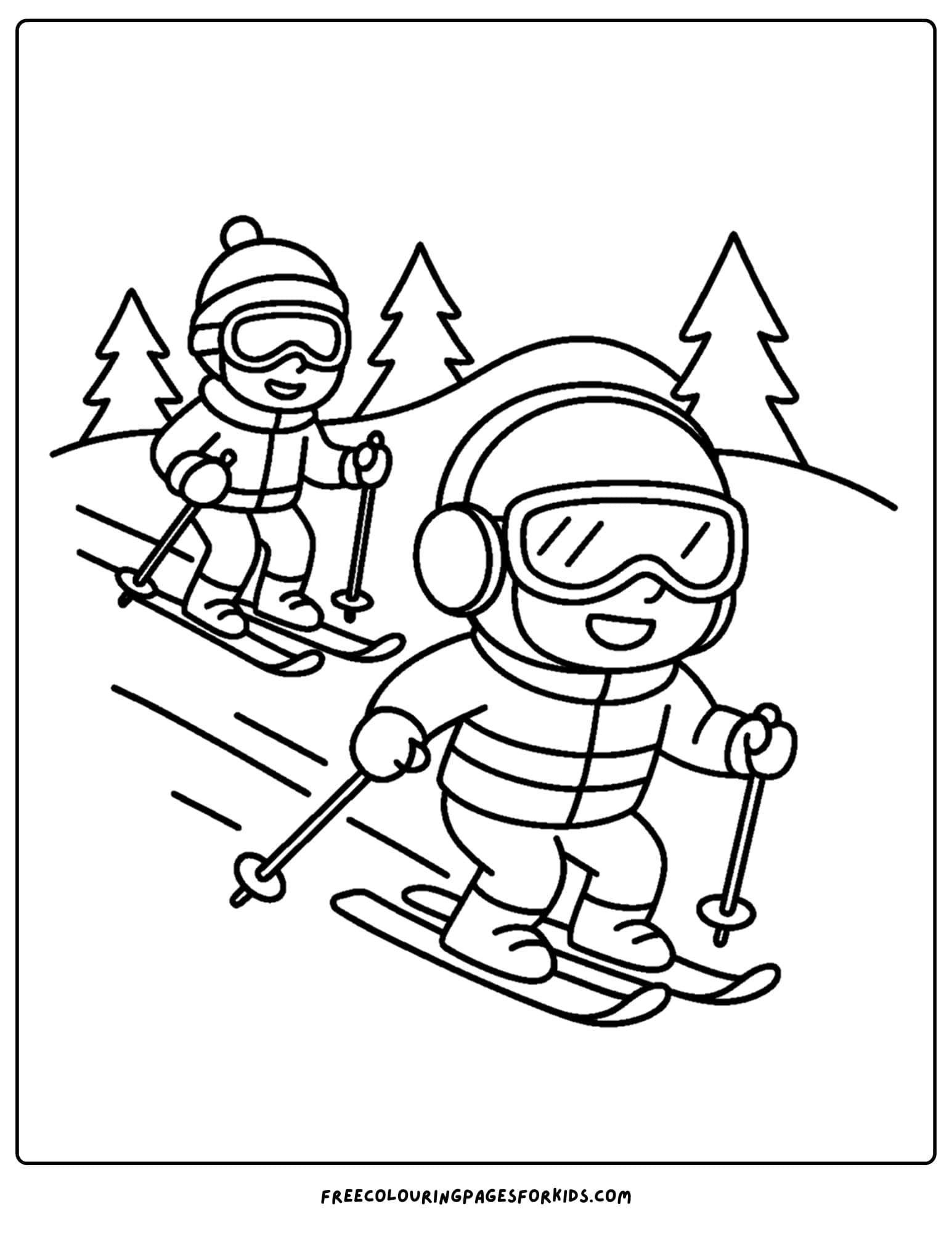 a winter outfit coloring page of kids in snow gear skiing down a mountain