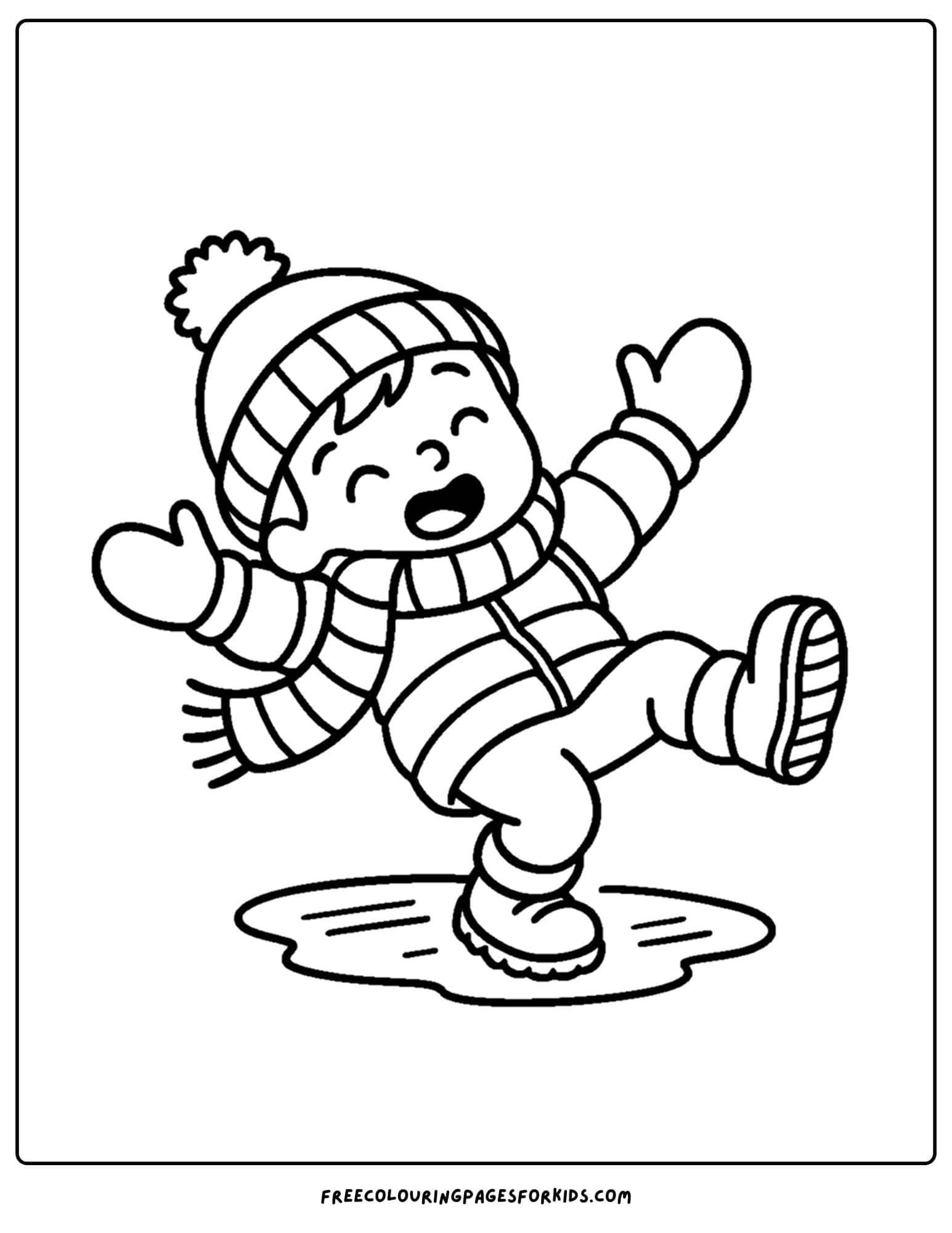 a winter outfit coloring page of a child rugged up slipping on the ice