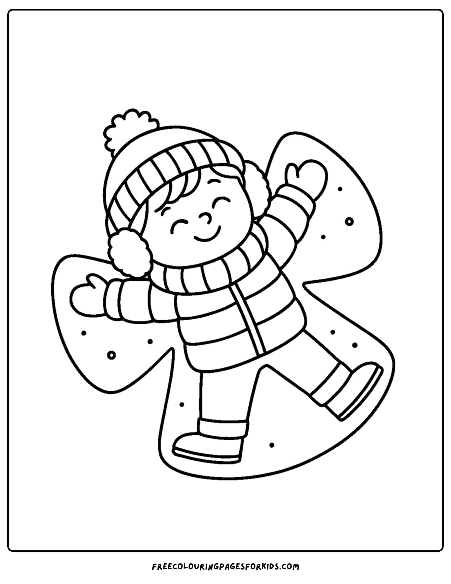 a winter outfit coloring page of a child making a snow angel