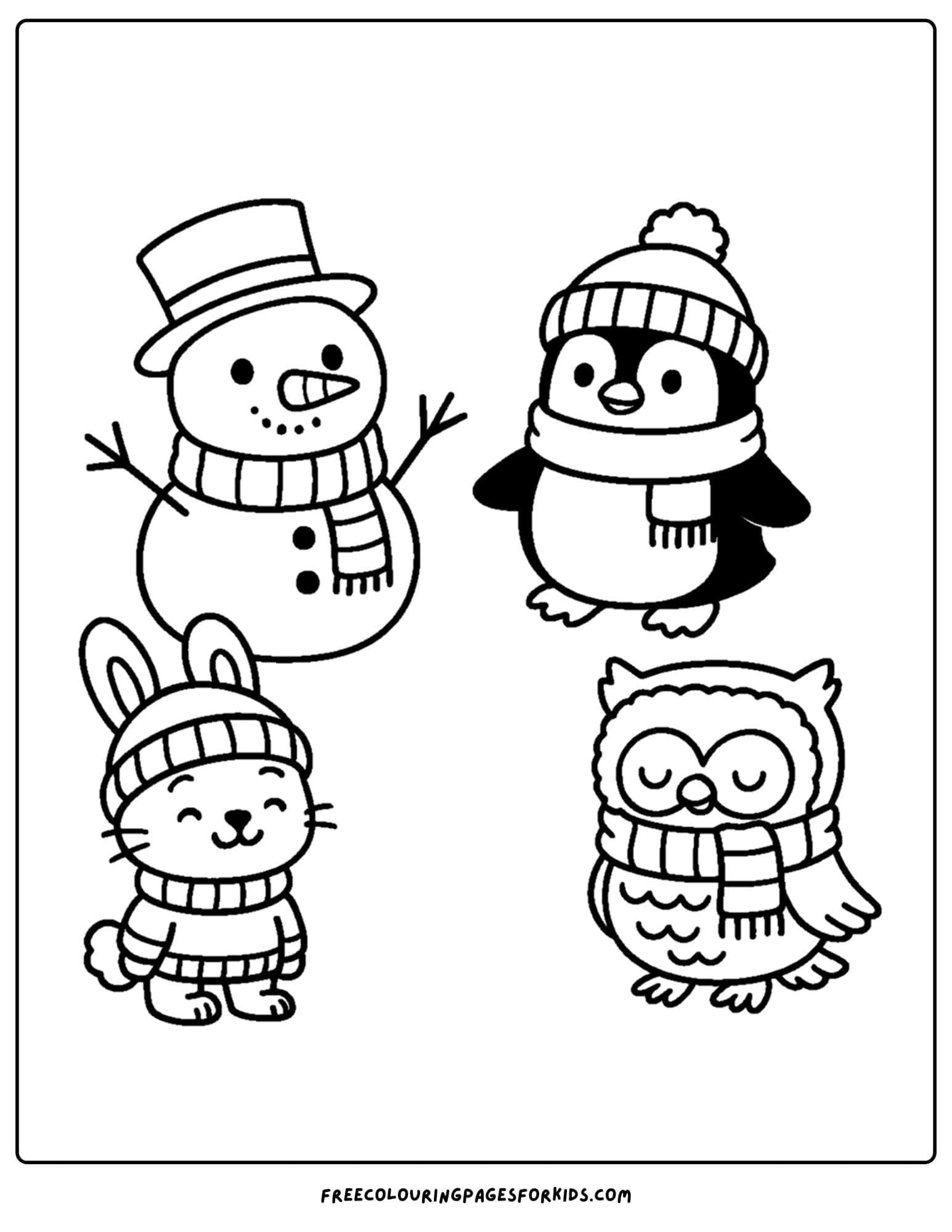 a winter outfit coloring page of animals dressed in warm clothes
