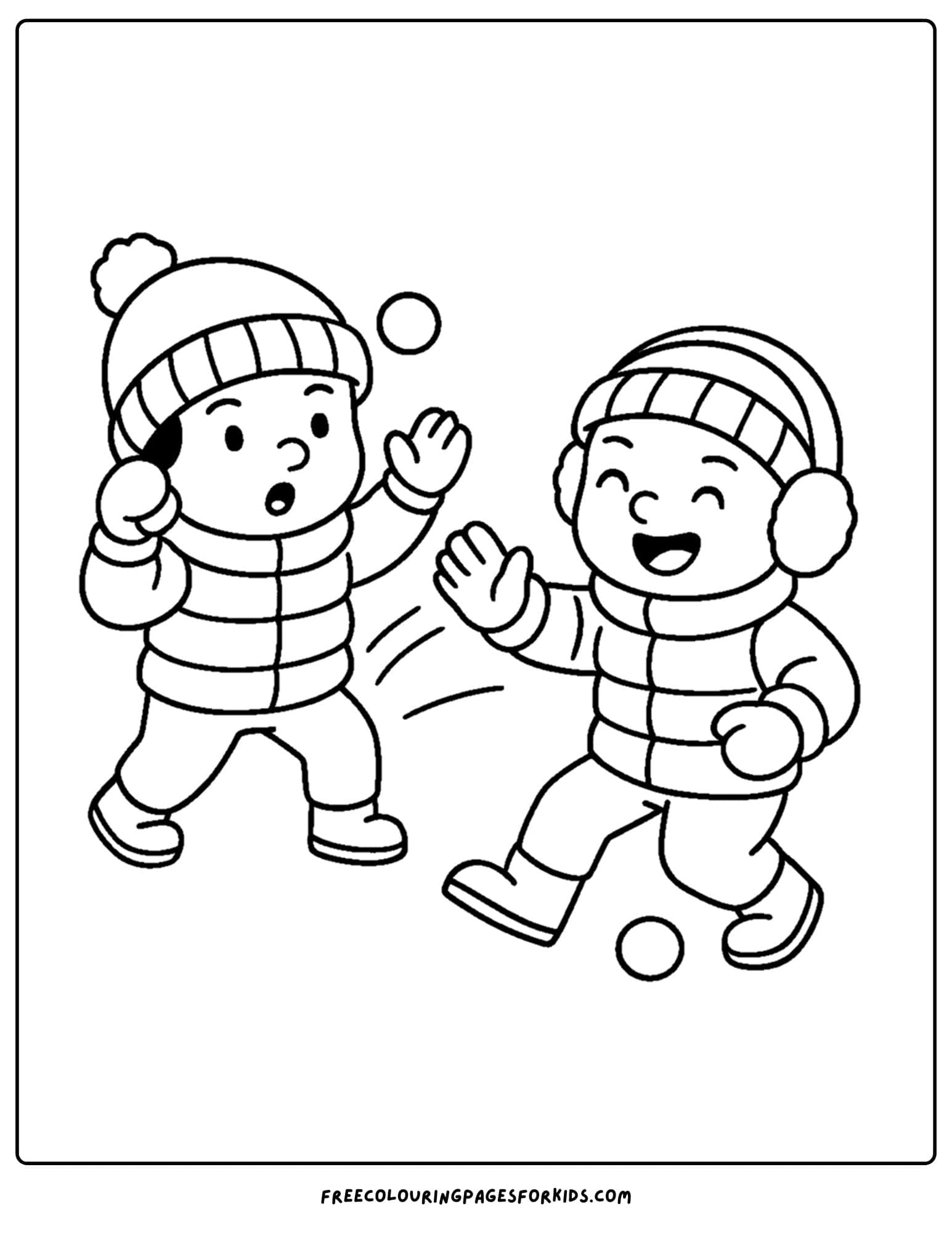 a winter outfit coloring page of a snowball fight