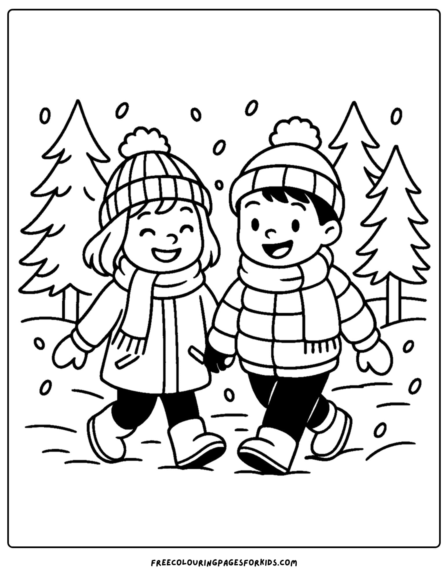 a winter outfit coloring page of a snowy forest walk