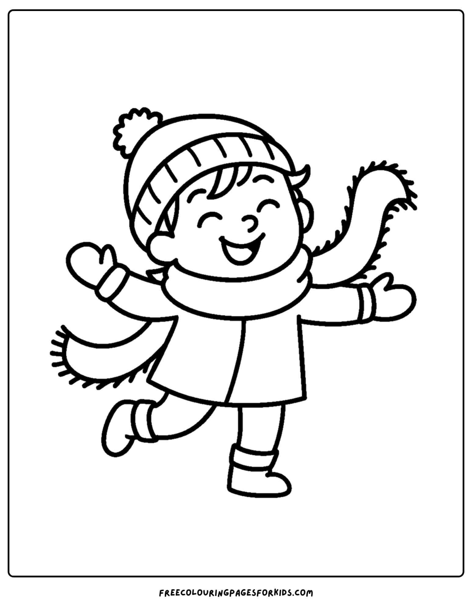 a winter outfit coloring page of a child spinning with a big scarf