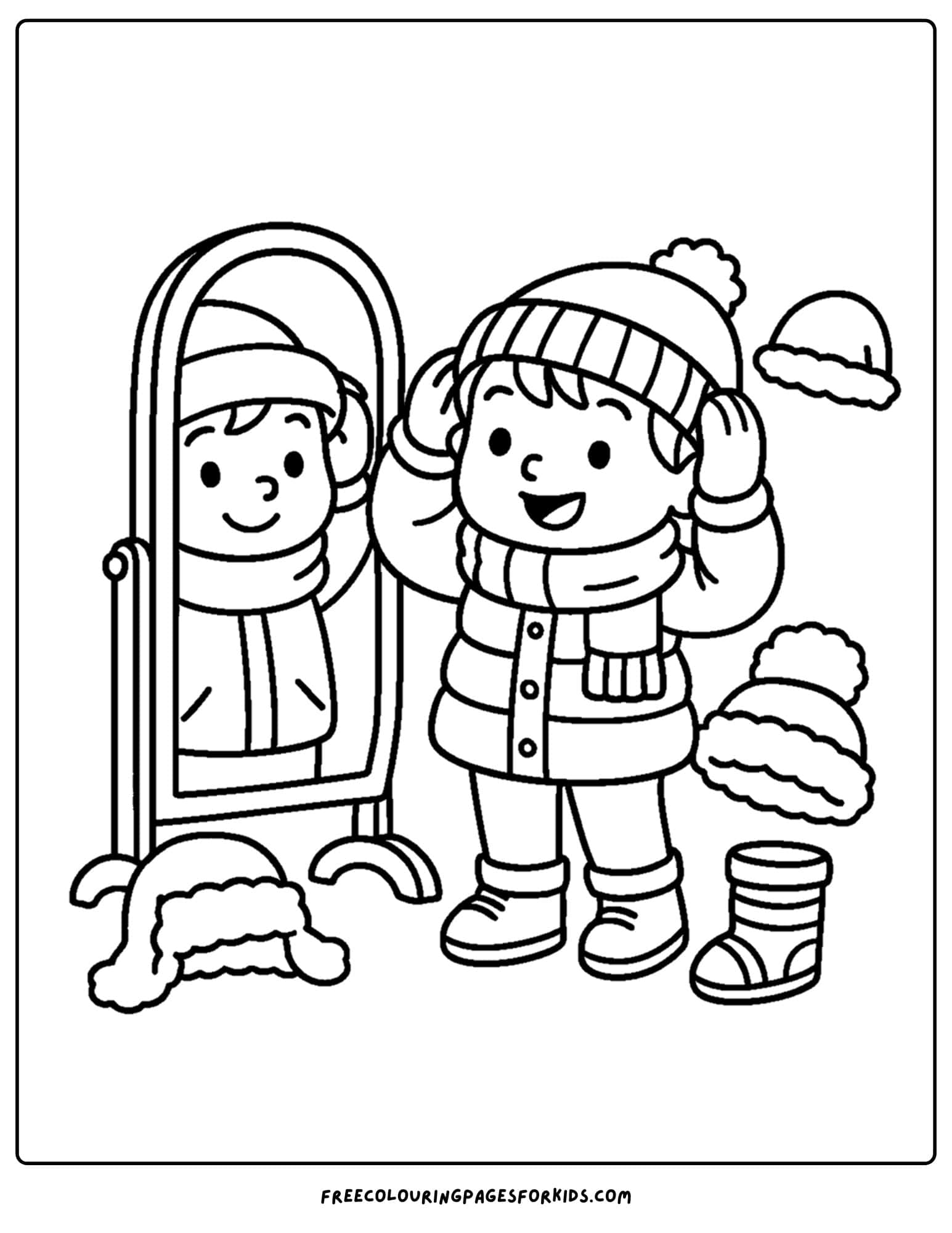 a winter outfit coloring page of a kid trying on different winter hats