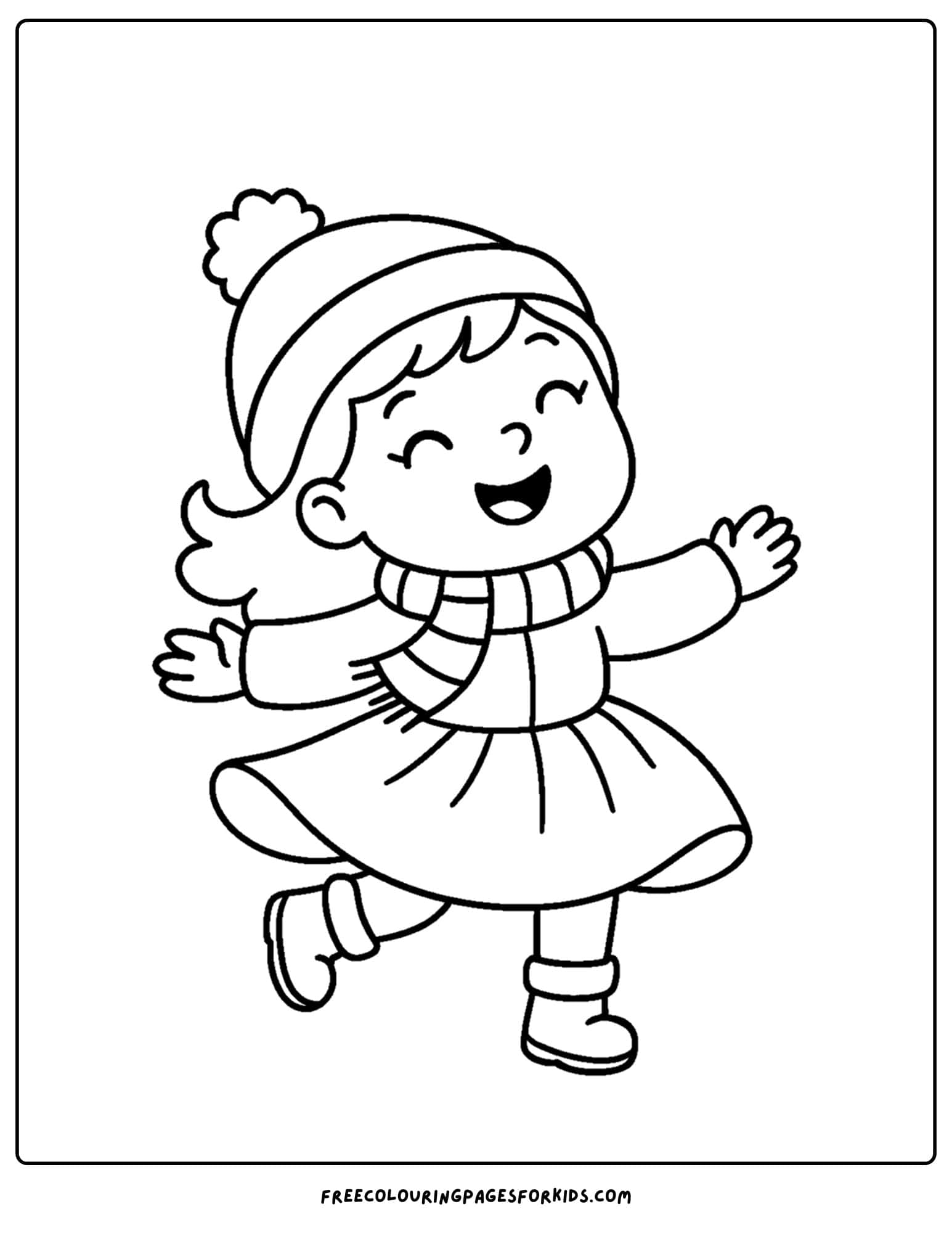 a winter outfit coloring page of a girl twirling in a winter dress