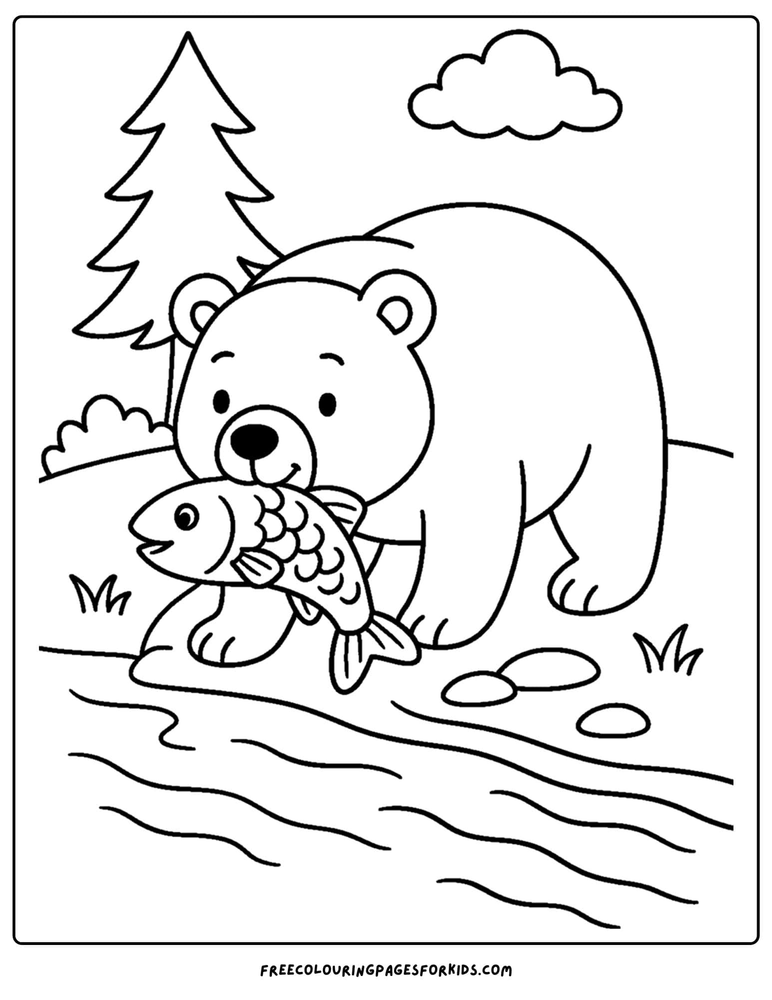 a bear coloring page of a bear with a fish in its mouth