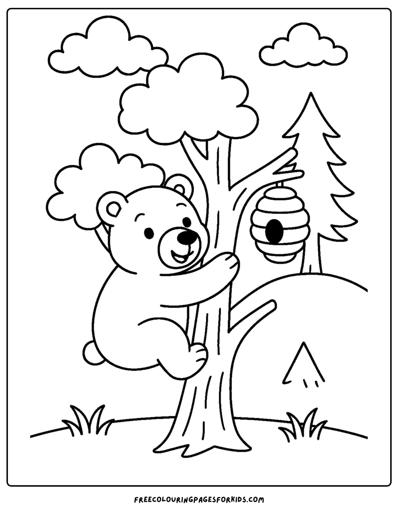 a bear coloring page of a bear climbing a tree to get to a bee hive and honey