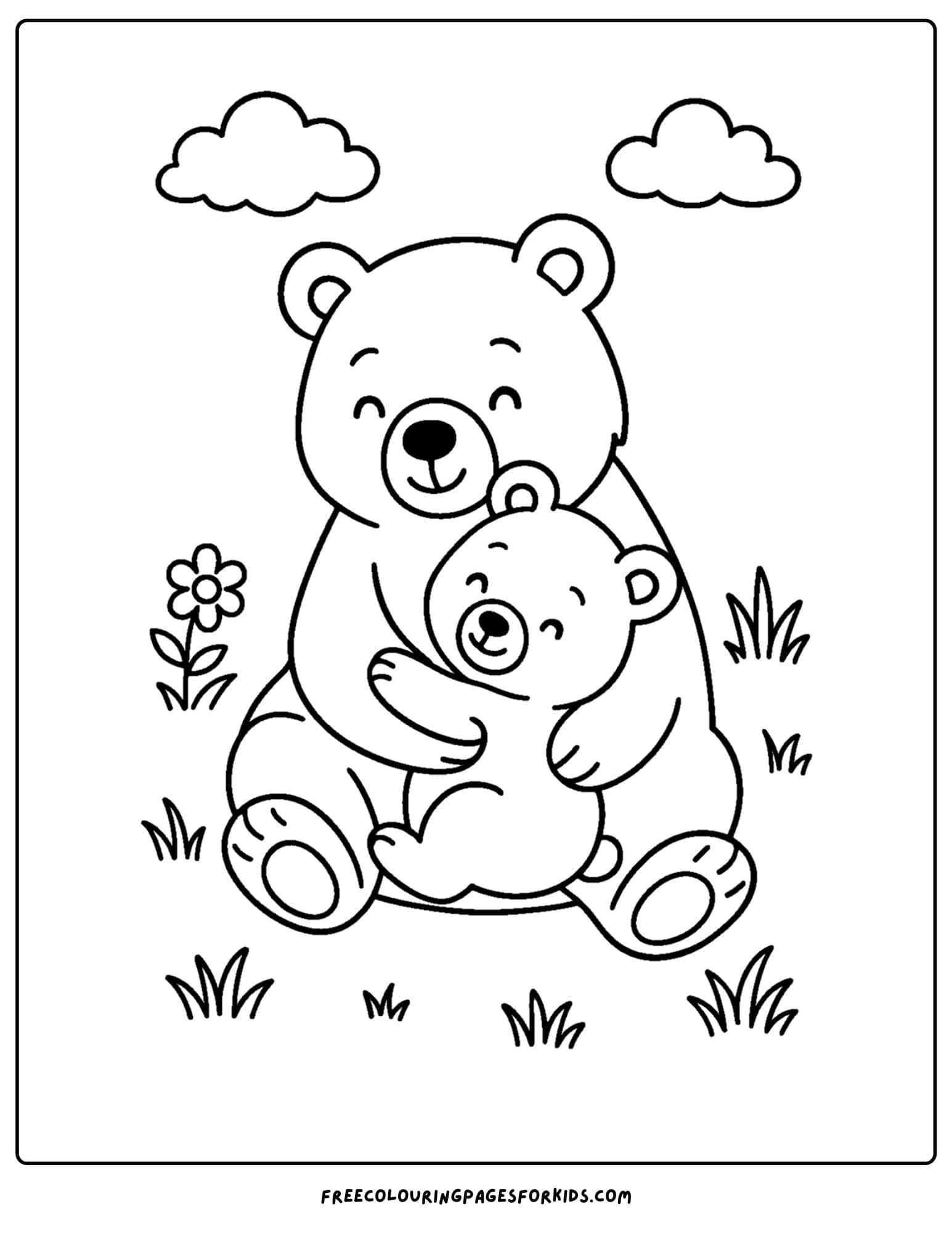 a bear coloring page of a bear cub being hugged by its mom