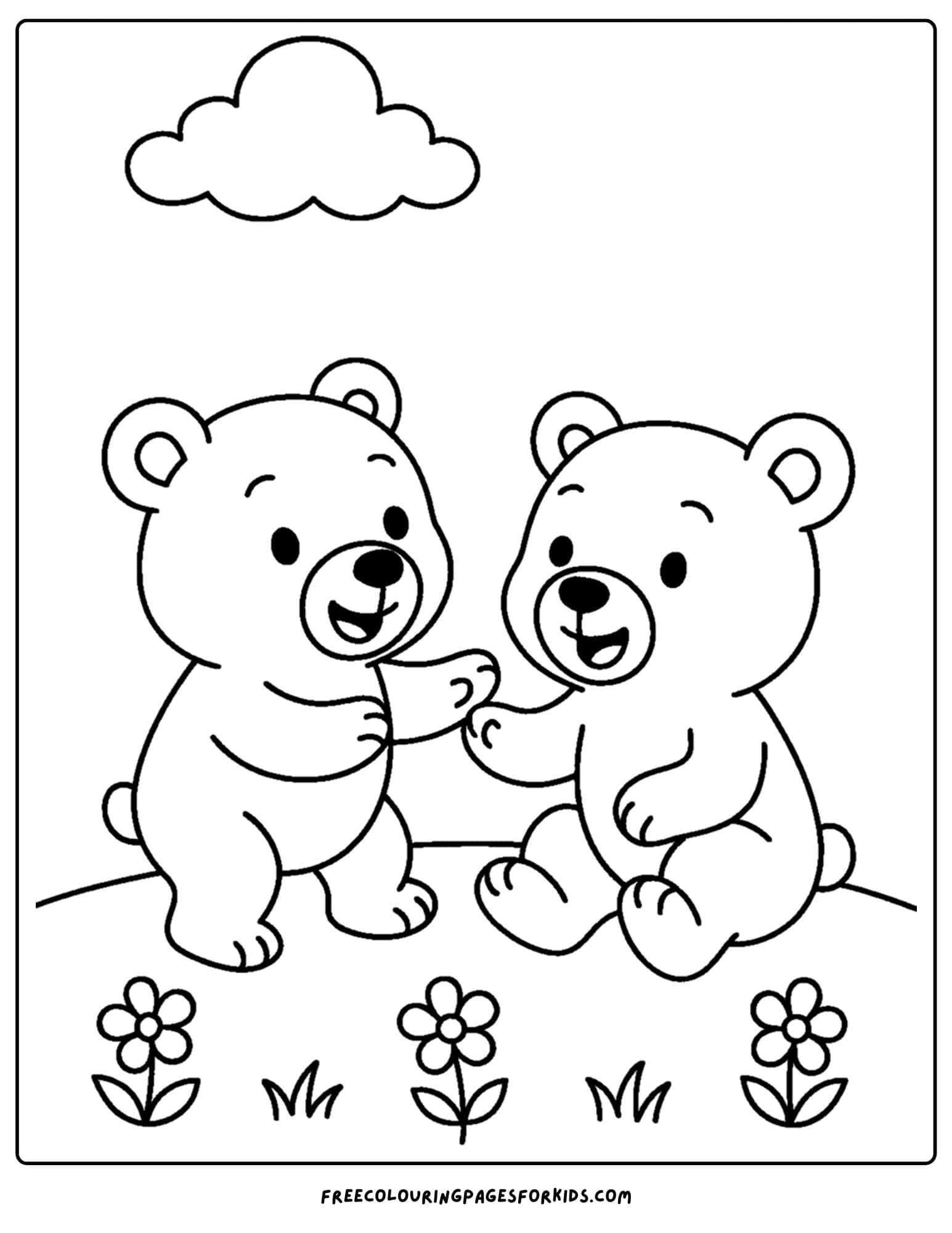 a bear coloring page of bear cubs playing in a meadow