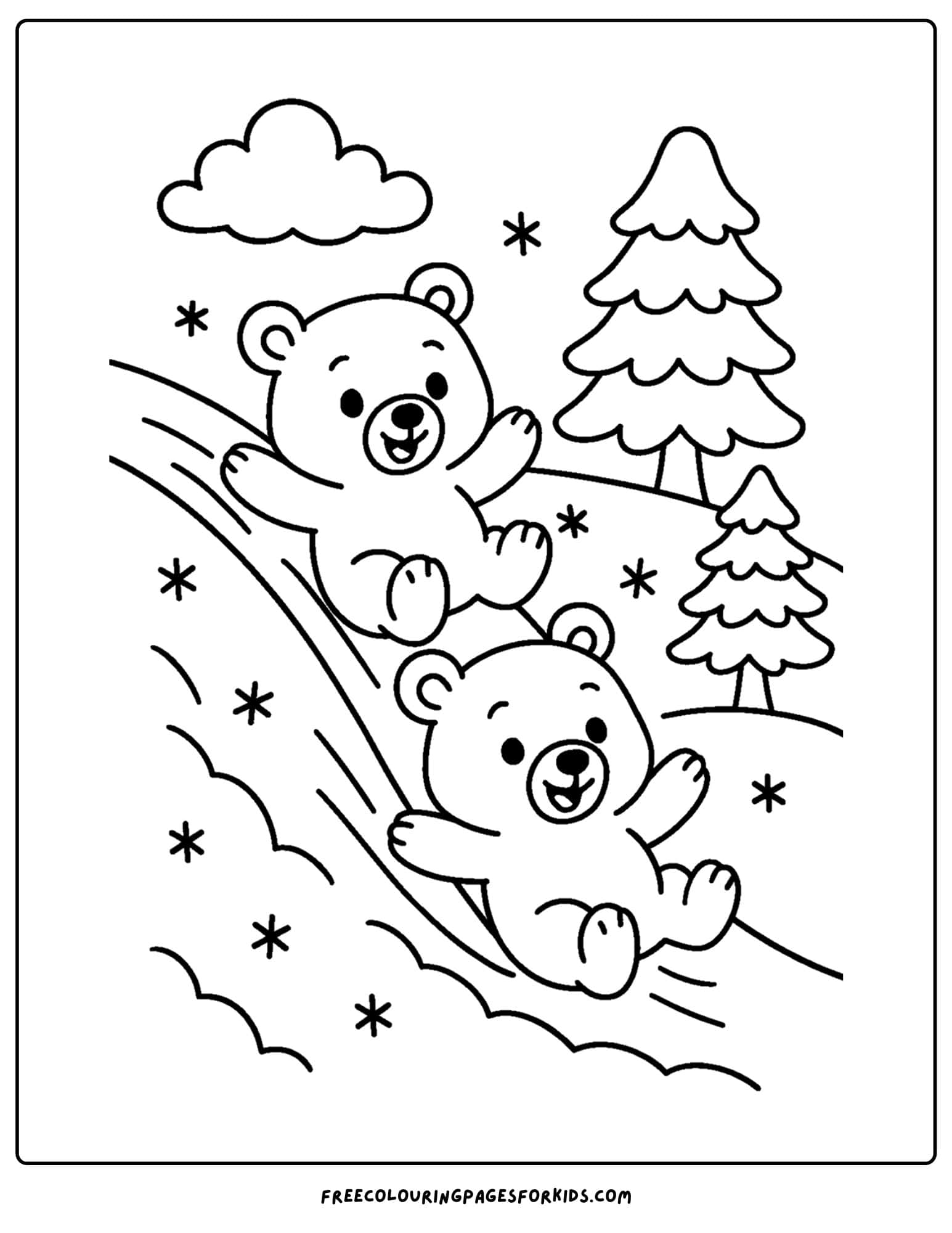 a bear coloring page of bear cubs sliding down a snowy hill