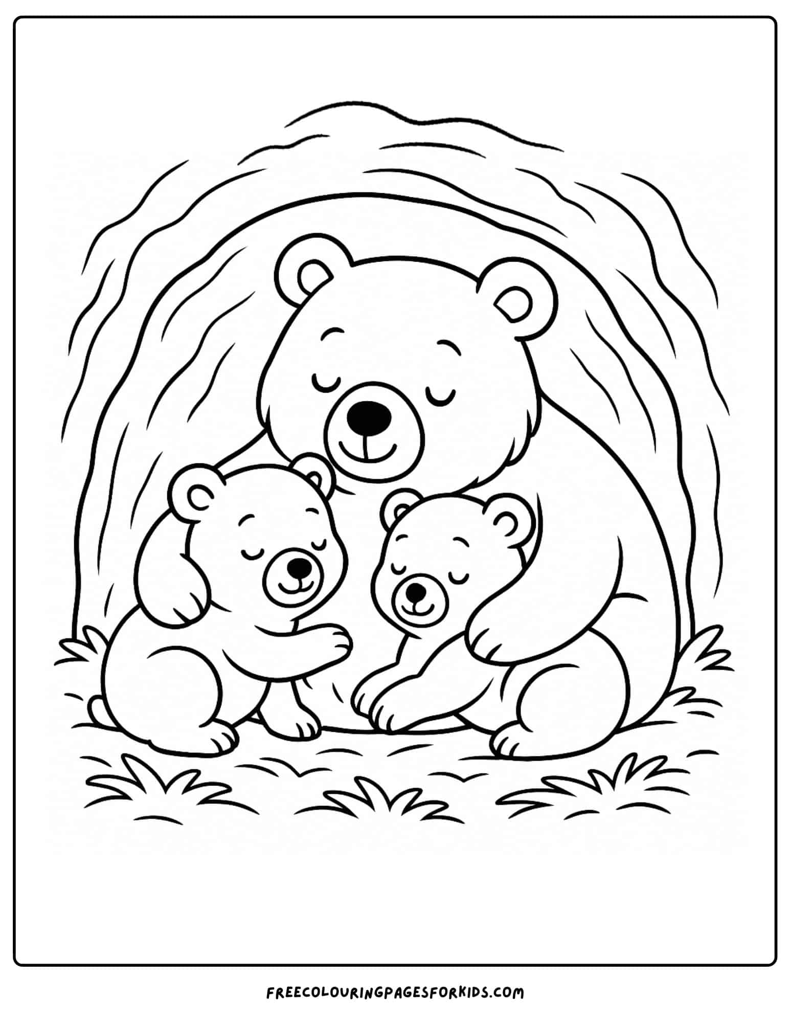 a bear coloring page of a bear family cuddling in a den