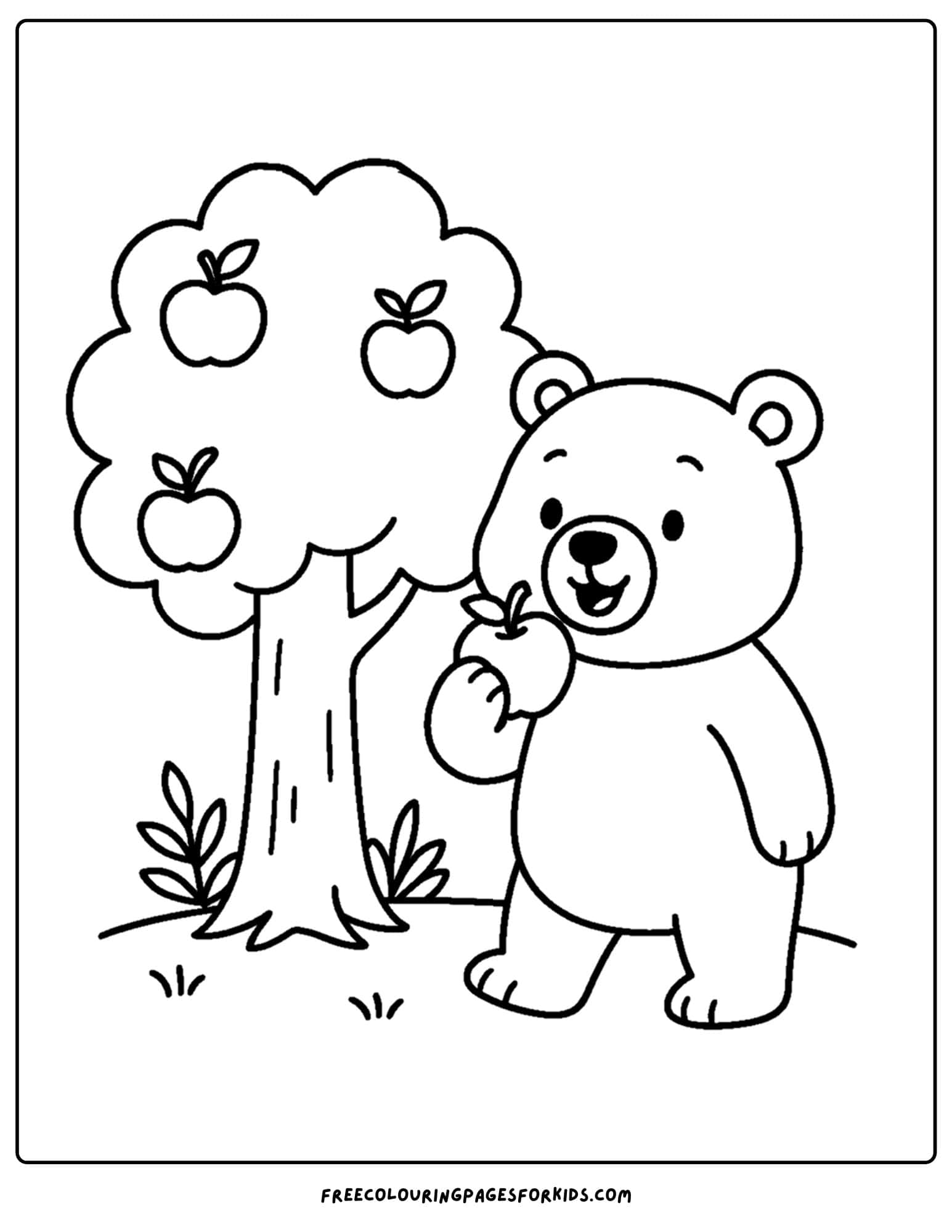 a bear coloring page of a bear eating apples from a tree