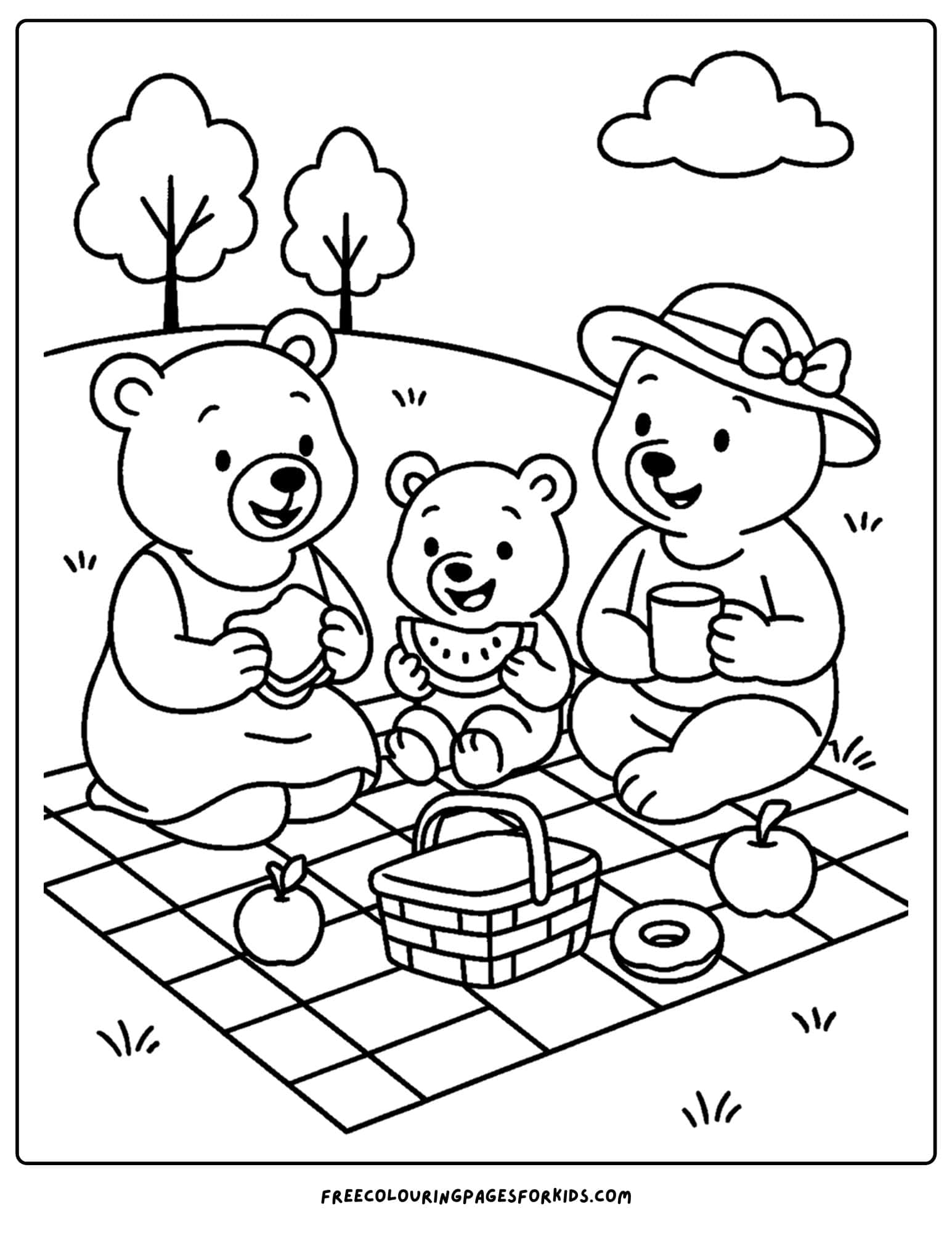 a bear coloring page of bears having a picnic