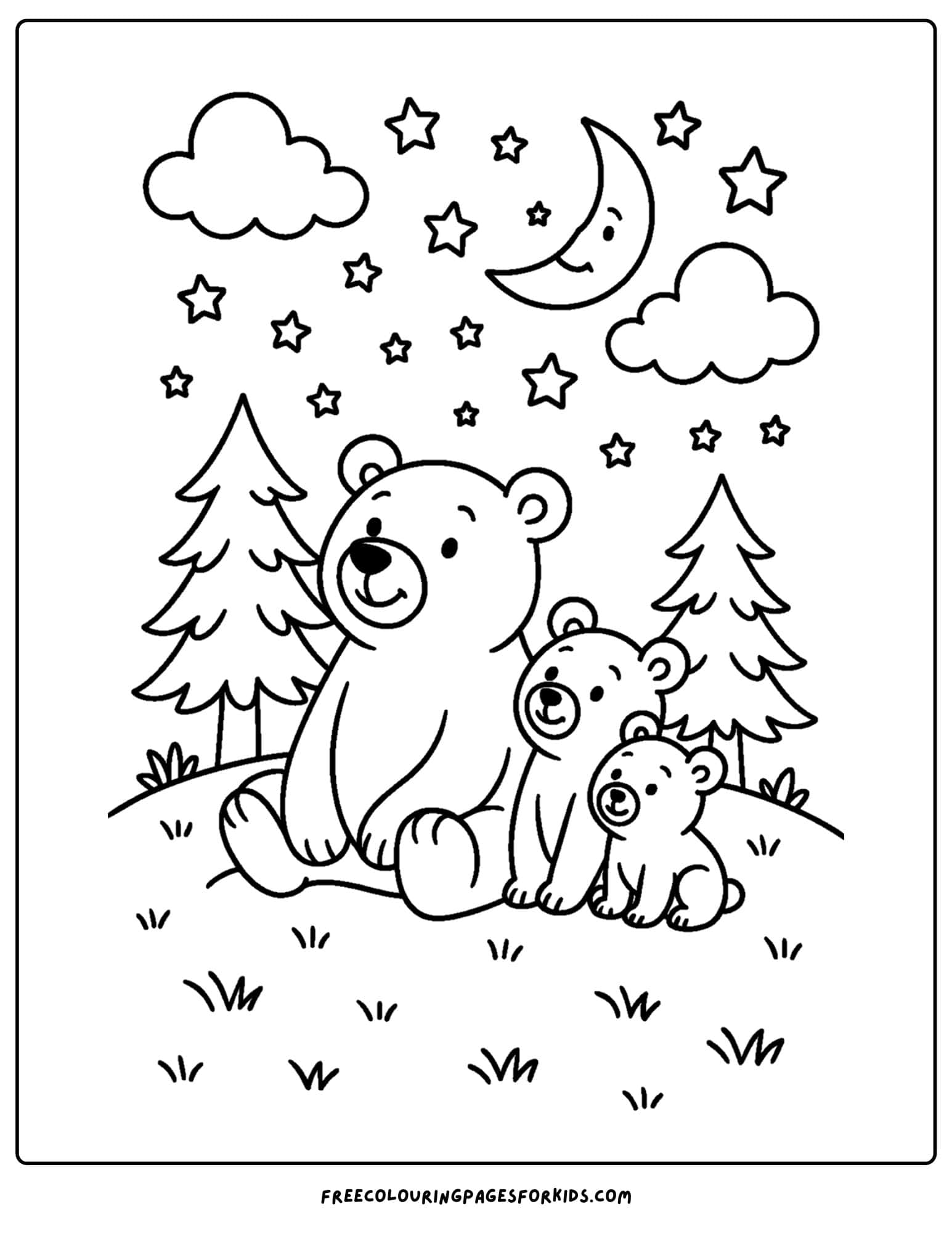 a bear coloring page of a bear familing looking at the stars
