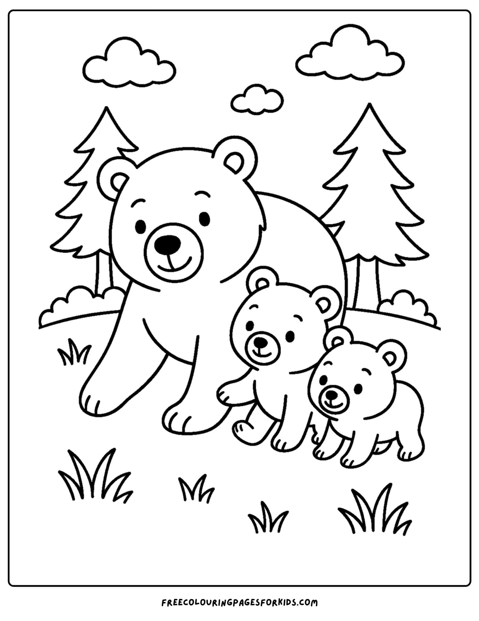 a bear coloring page of a bear family going for a walk in the forest