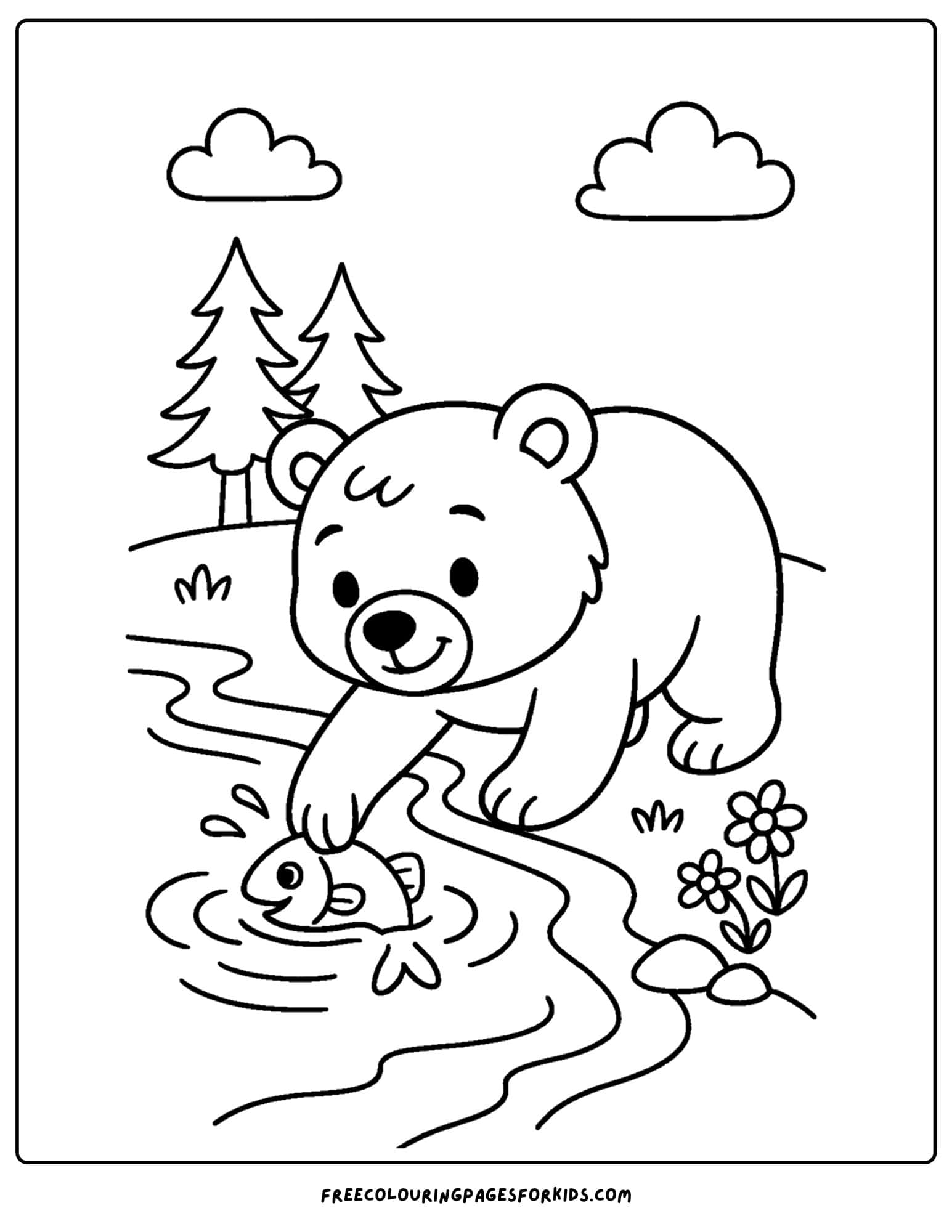 a bear coloring page of a bear trying to catch a fish in the water