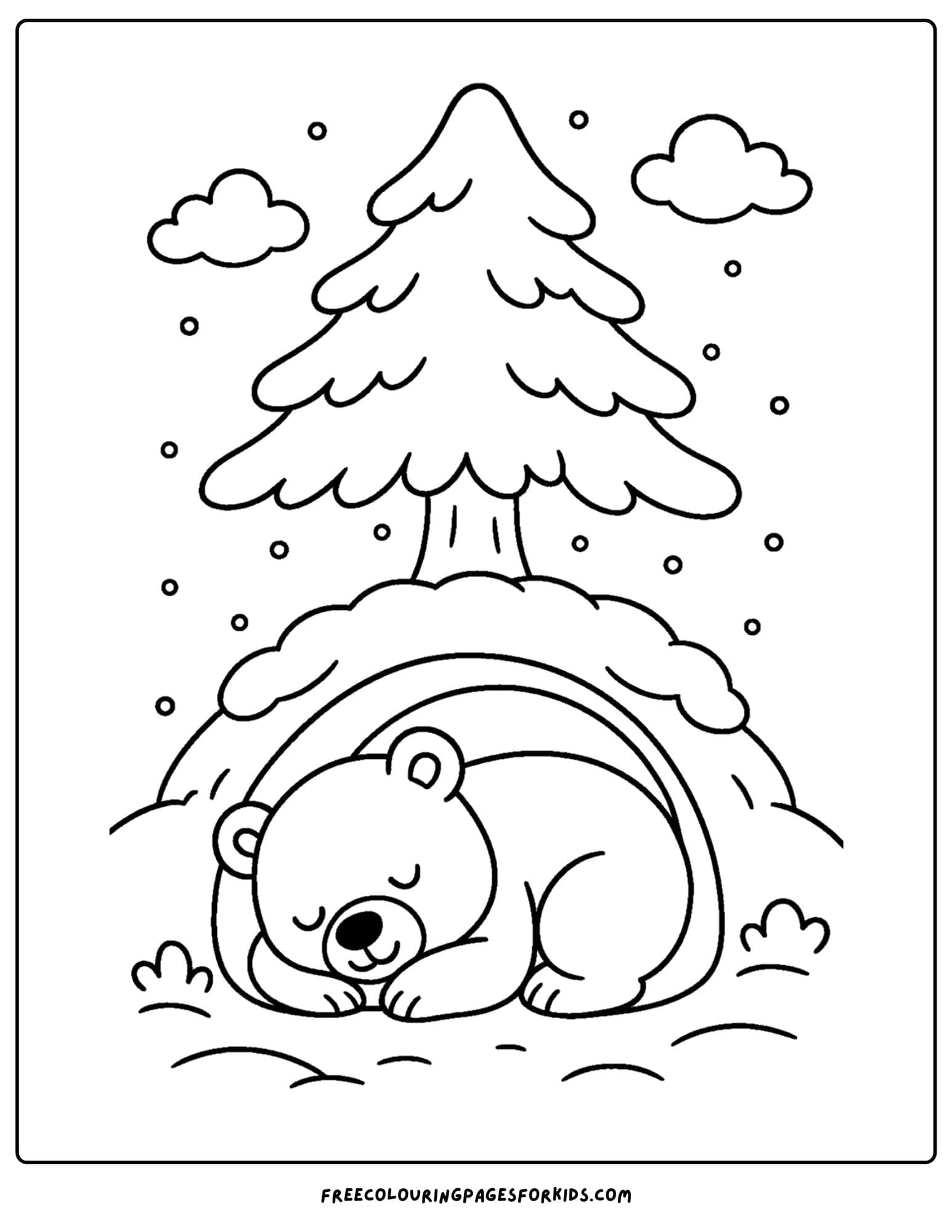 a bear coloring page of a bear hibernating in a cave as snow falls