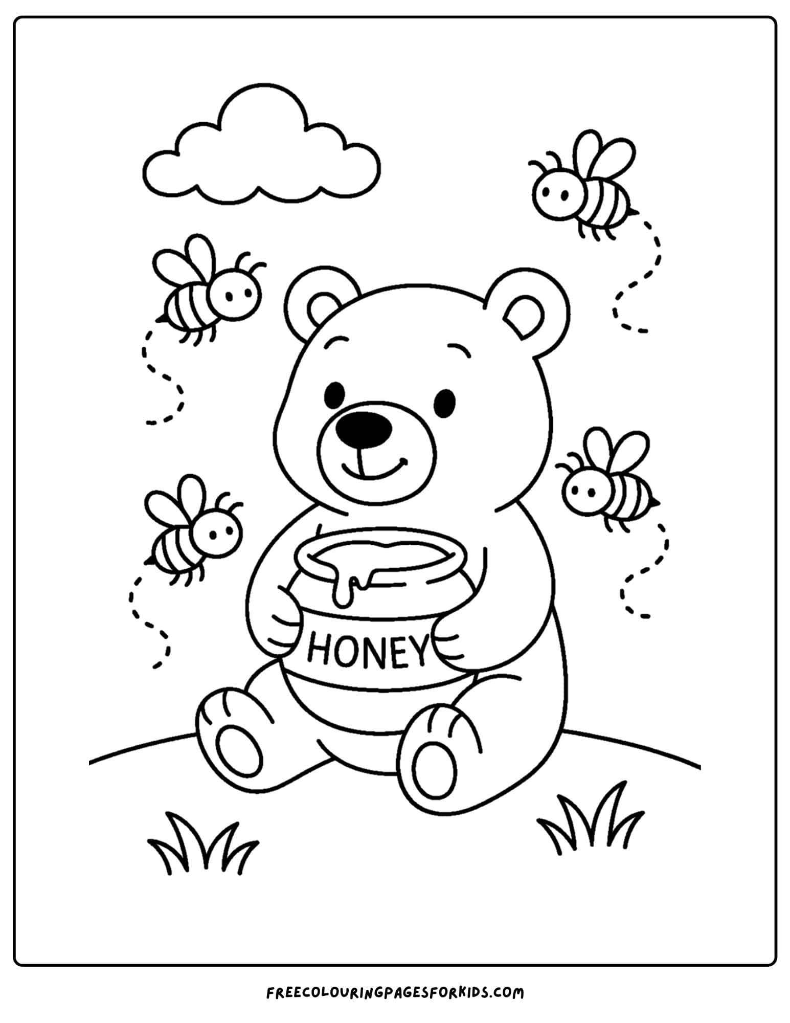 a bear coloring page of a bear with a pot of honey with bees around