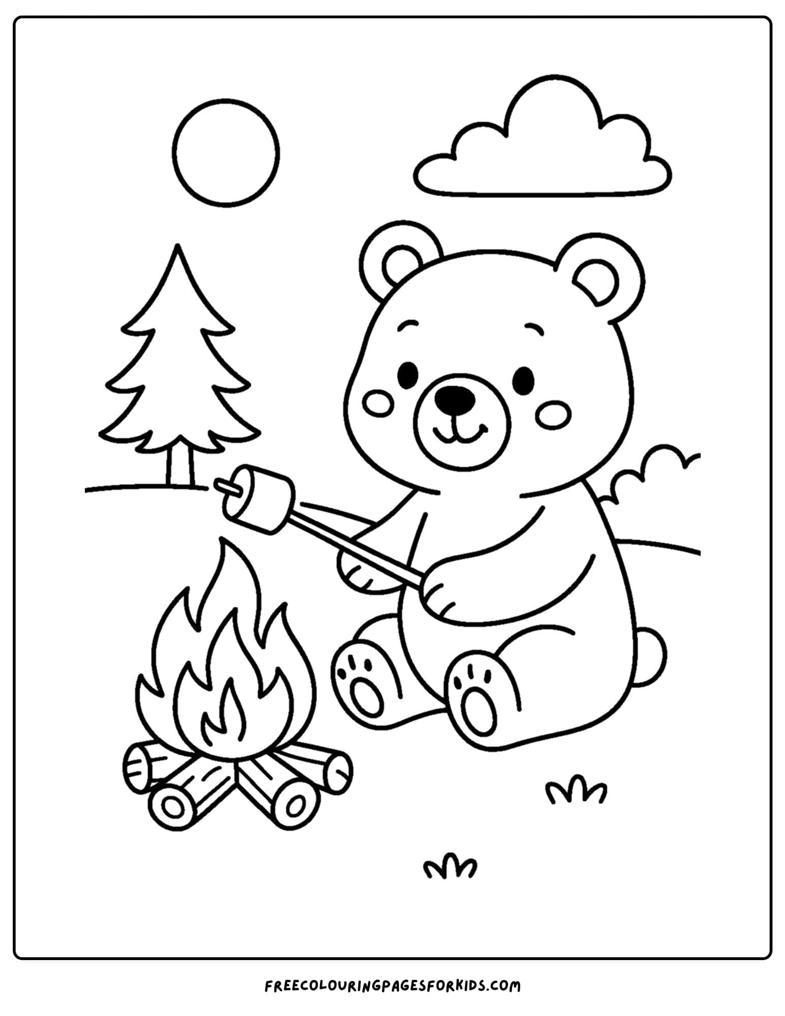 a bear coloring page of a bear roasting marshmallows over a campfire