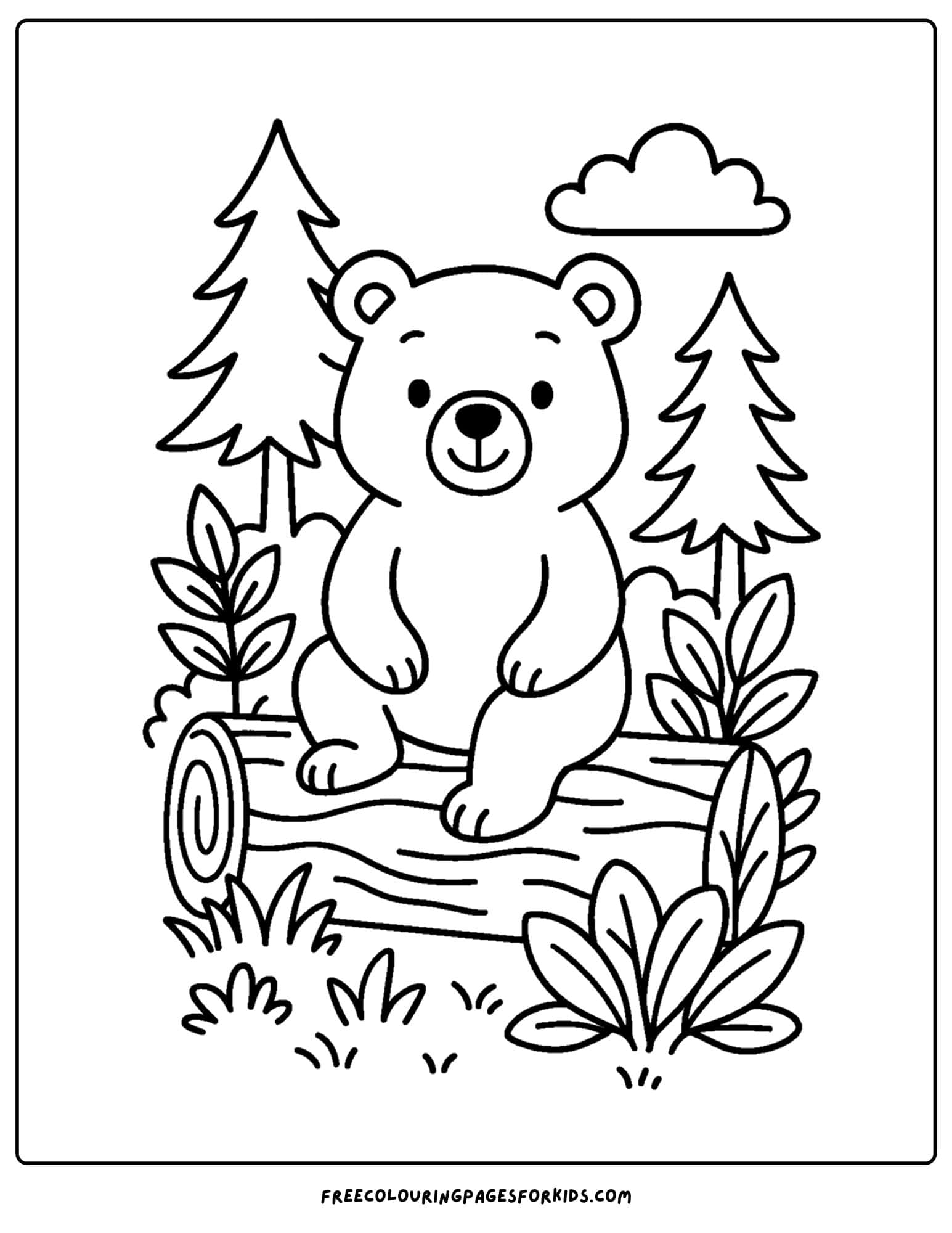 a bear coloring page of a bear sitting on a log with plants around