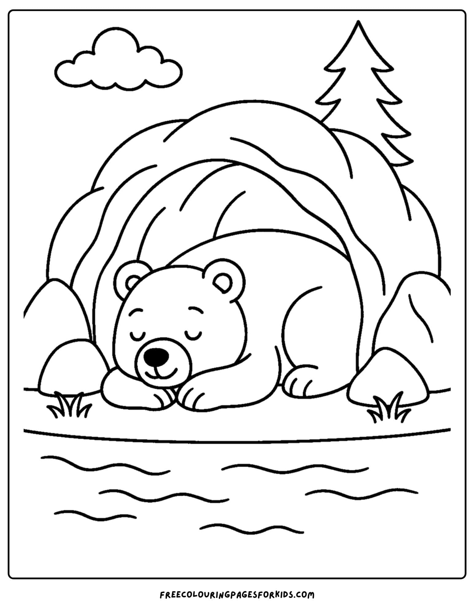 a bear coloring page of a bear sleeping in a cave