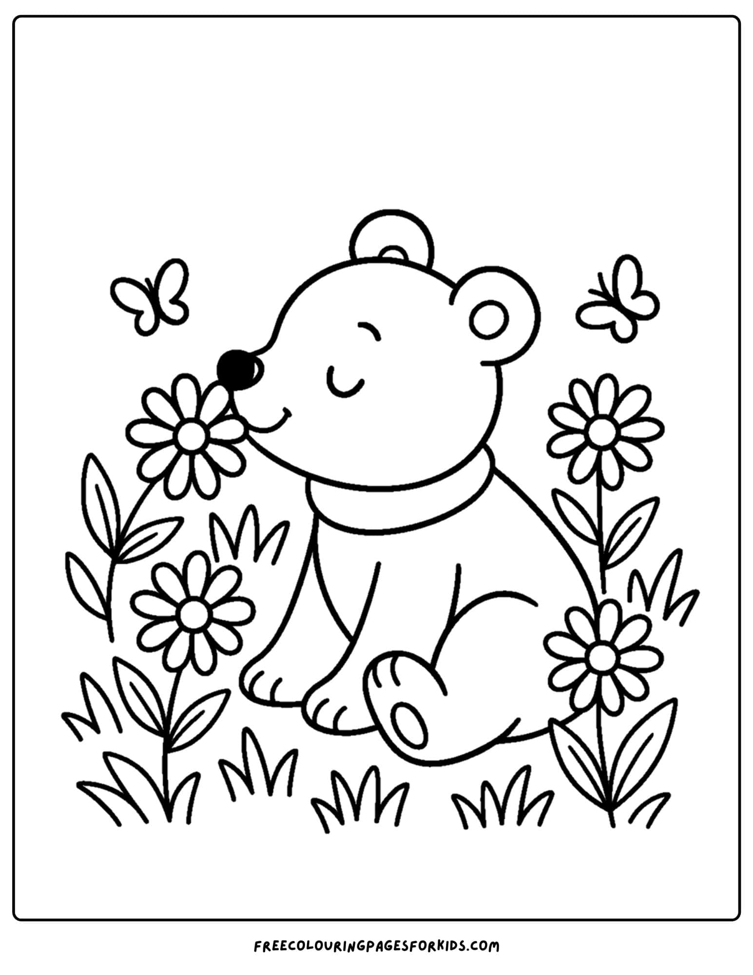 a bear coloring page of a bear smelling flowers