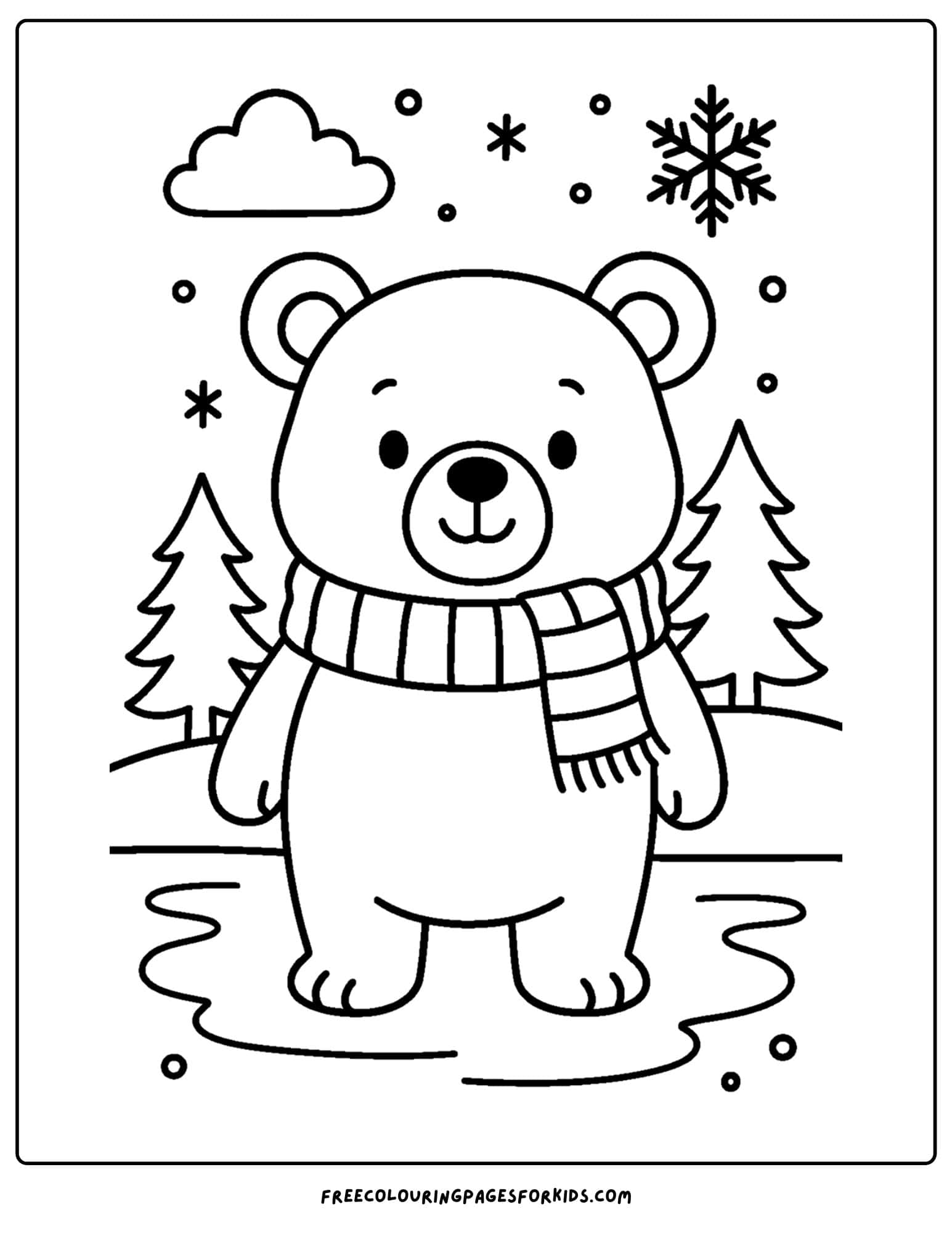 a bear coloring page of a bear wearing a scarf on a snowy winter day