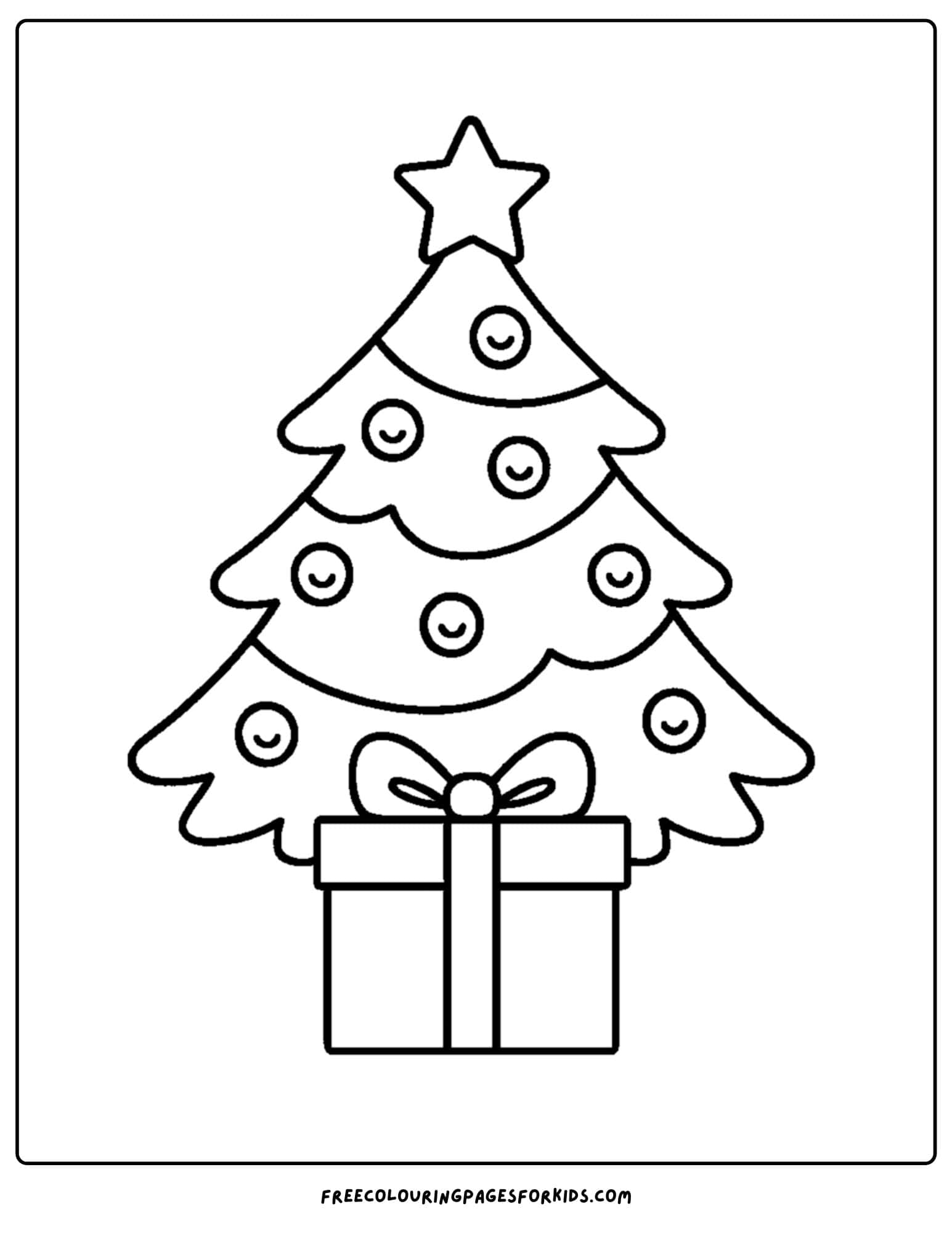 a christmas coloring page featuring a christmas tree with a big present underneath