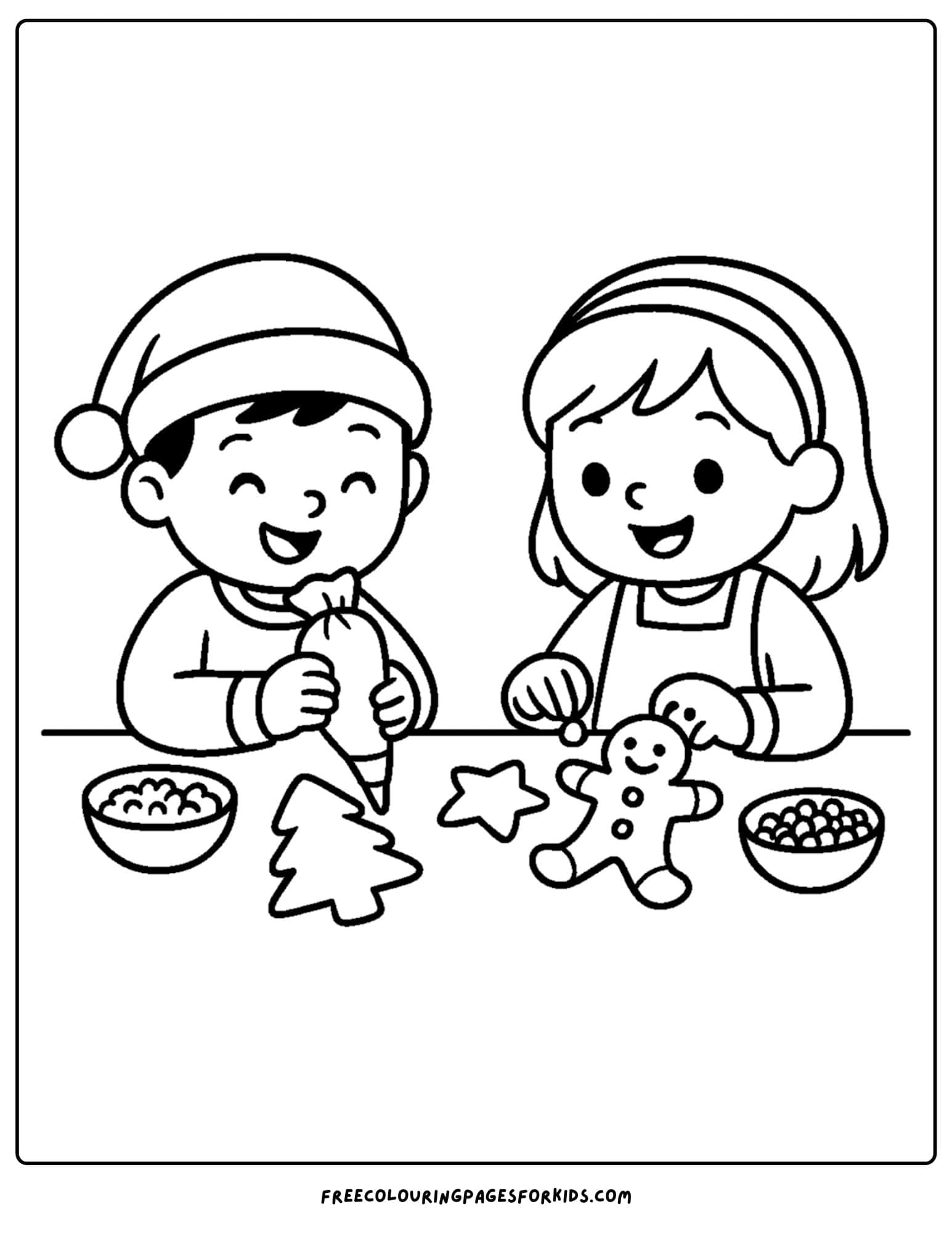 a christmas coloring page featuring kids decorating gingerbread men