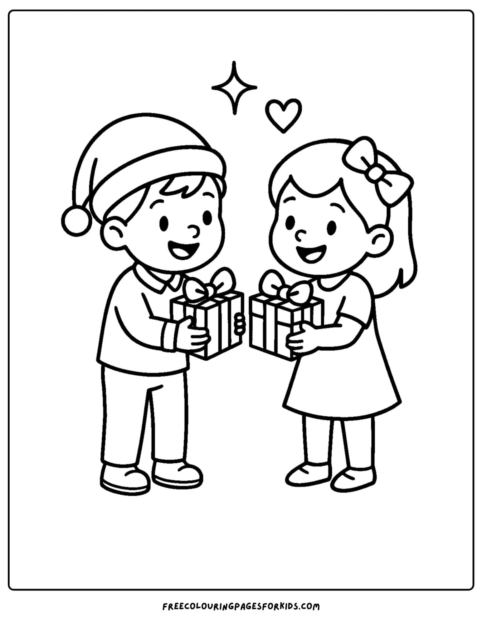 a christmas coloring page featuring children exchanging gifts