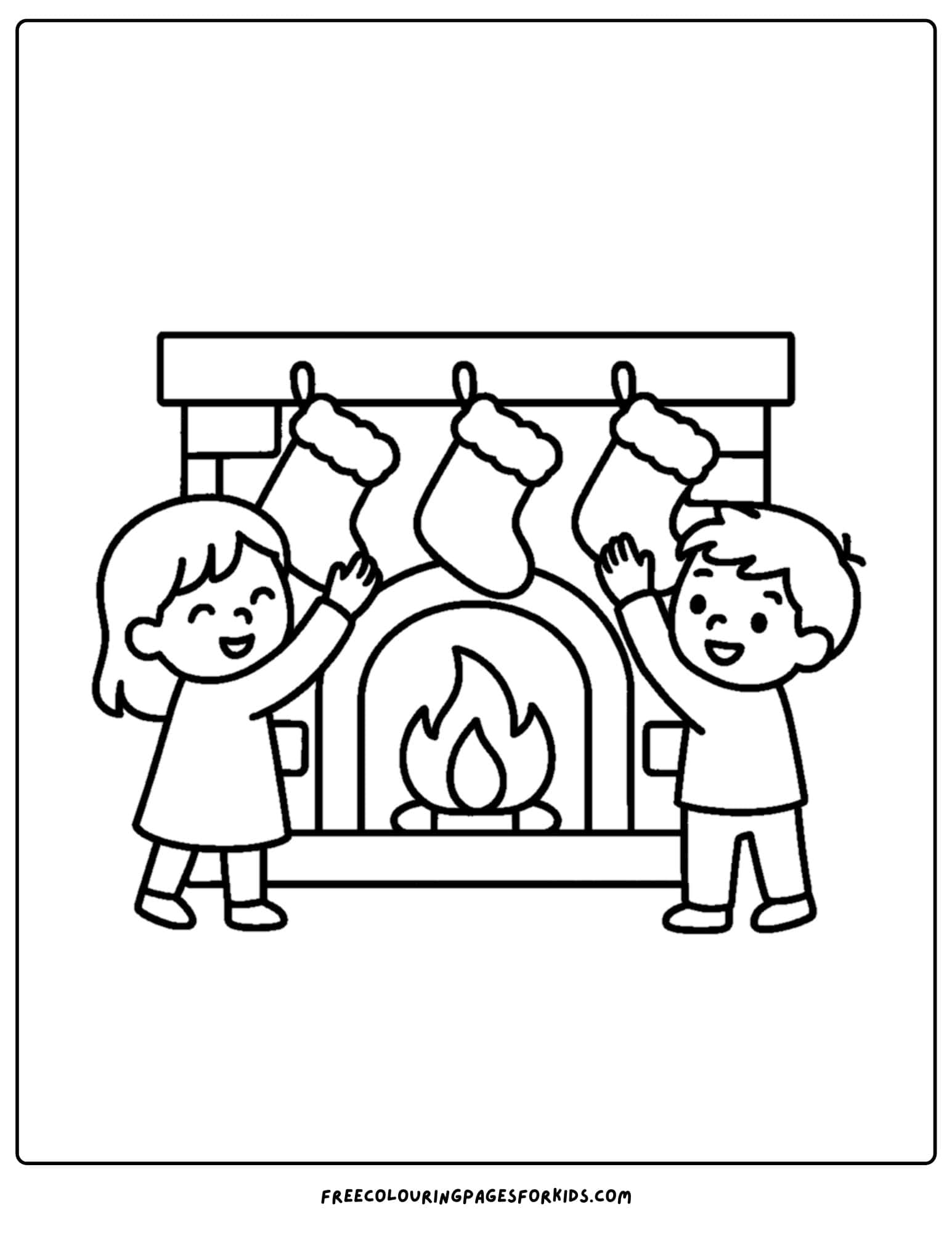 a christmas coloring page featuring children hanging stockings on the fireplace mantle