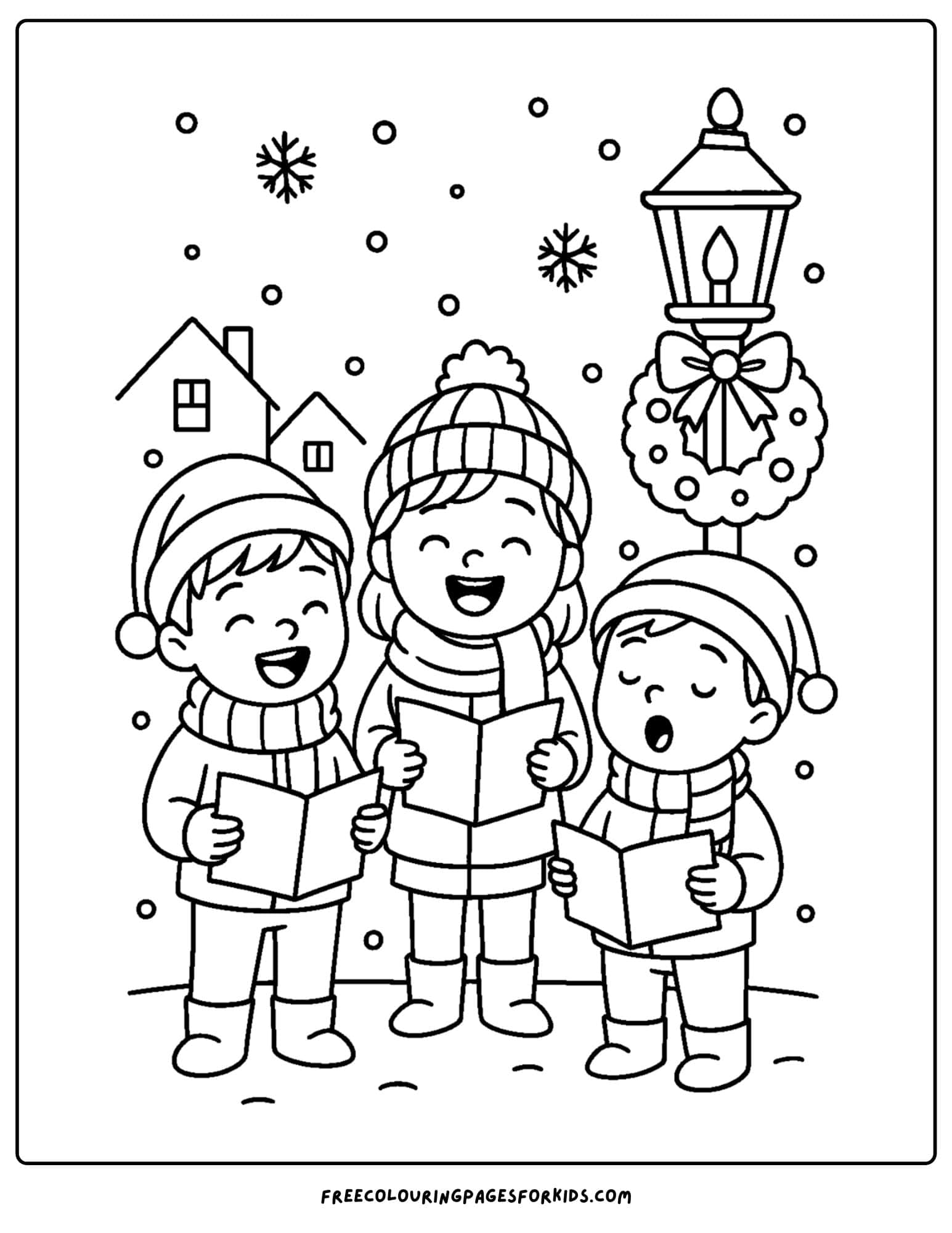 a christmas coloring page featuring children singing christmas carols in the street