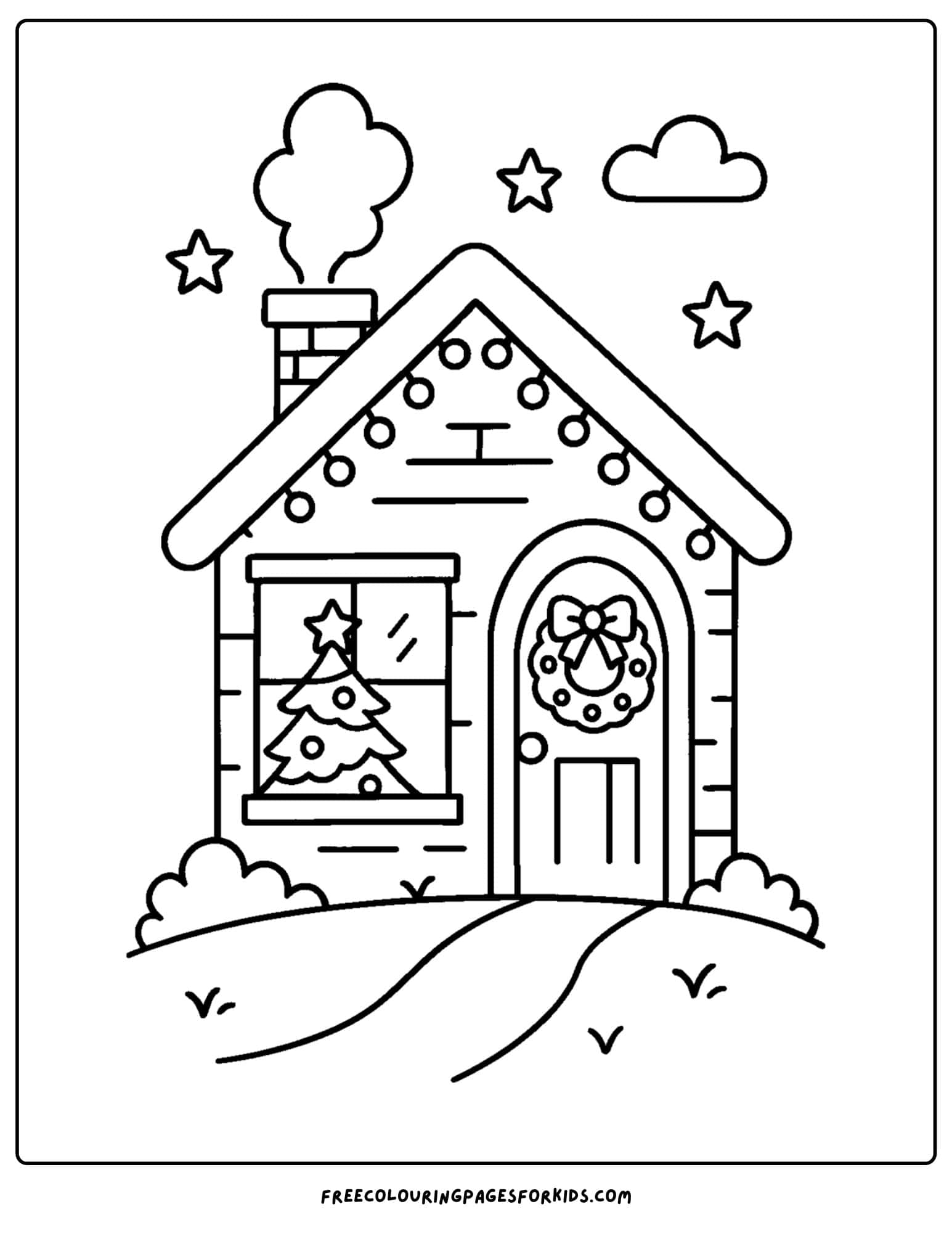 a christmas coloring page featuring a cozy house in the snow decorated for christmas with lights