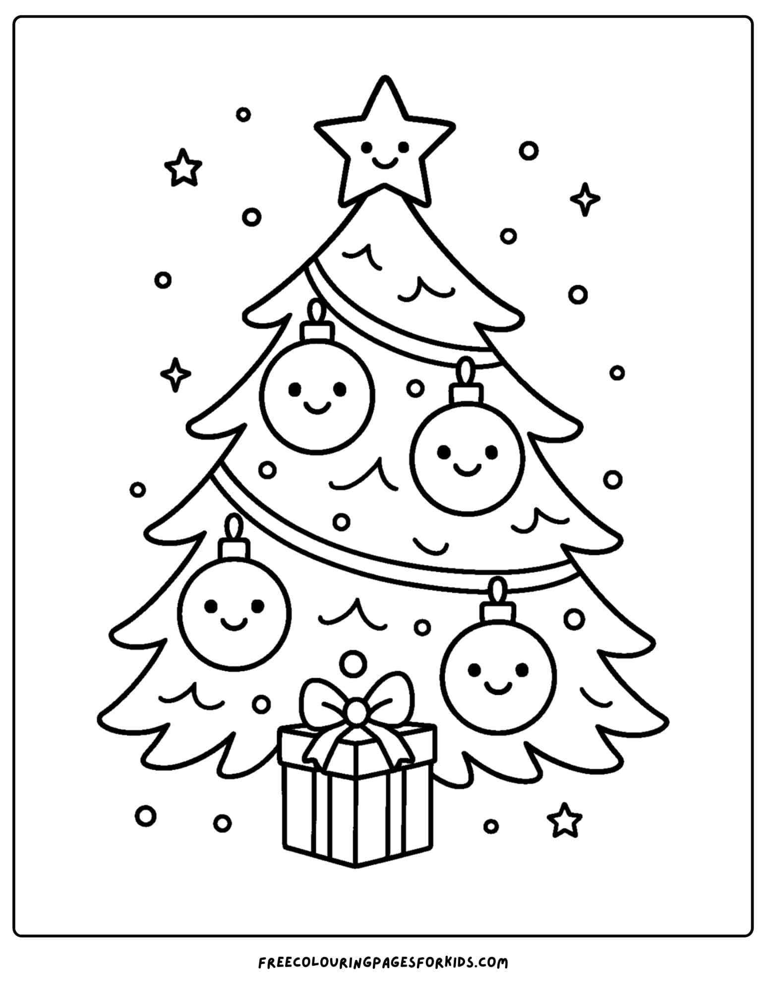 a christmas coloring page featuring a christmas tree with ornaments and a present